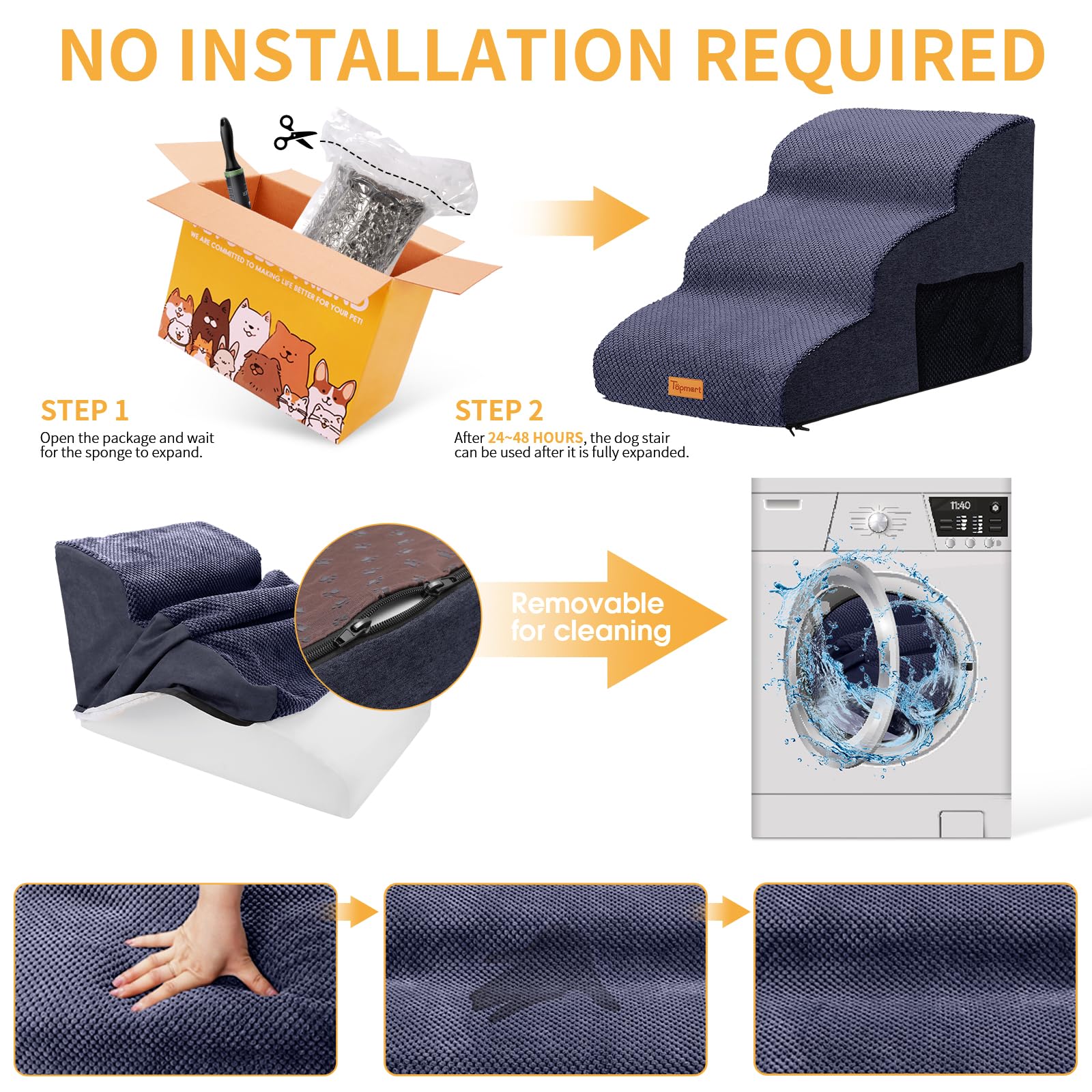 Topmart 3 Tiers Foam Dog Ramps/Steps,Non-Slip Dog Steps,Extra Wide Deep Dog Stairs,High Density Foam Pet Stairs/Ladder,Best For Older Dogs,Cats,Small Pets,With Pet Hair Remover Roller,Blue