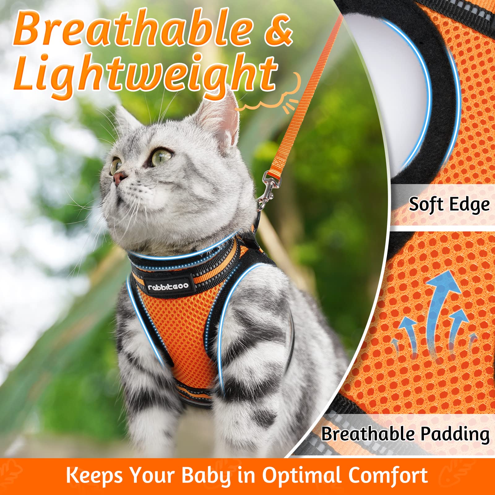Rabbitgoo Cat Harness And Leash Set For Walking Escape Proof, Adjustable Soft Kittens Vest With Reflective Strip For Cats, Comfortable Outdoor Vest,Light Orange,L