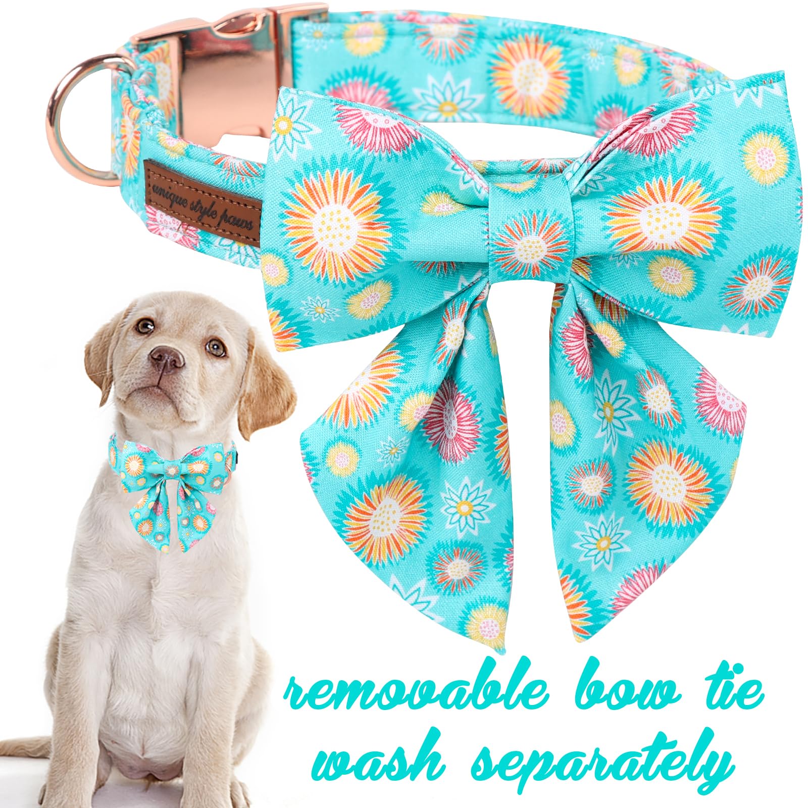 Unique Style Paws Blue Dog Collar With Bowtie, Cute Sunflower Dog Collars Adjustable Puppy Collar For Small,Medium,Large Dogs