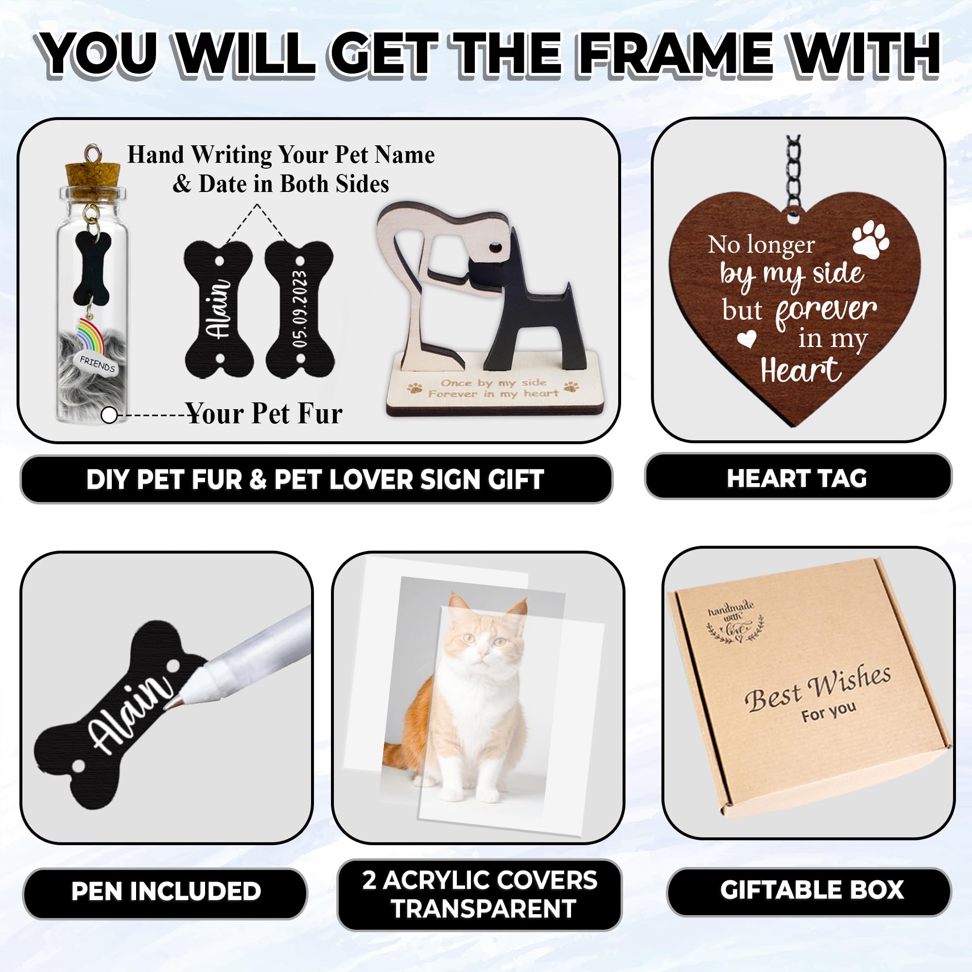 Pet Memorial Gift For Dogs Cats, Rustic 360 Rotating Picture Frame 6X4 Photo, Pet Hair Keepsake Fur Jar Rainbow Bridge No Longer