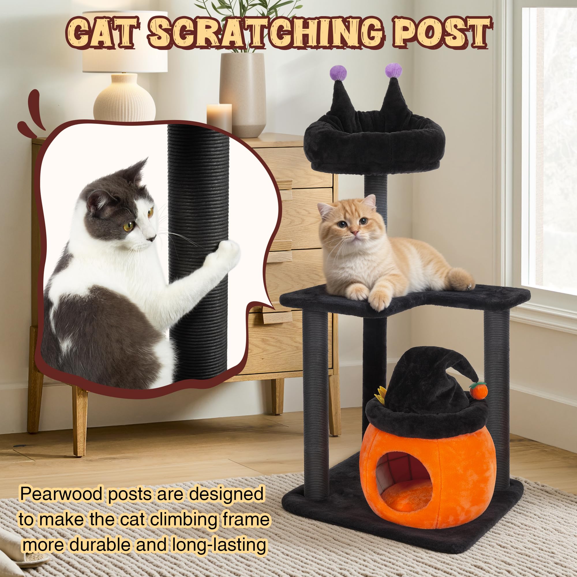 Kamaboko Gothic Cat Tree, 44.8    Black Cat Tower For Indoor Cats With Sisal Scratching Posts, Spacious Cat Condo, Self Groomer,