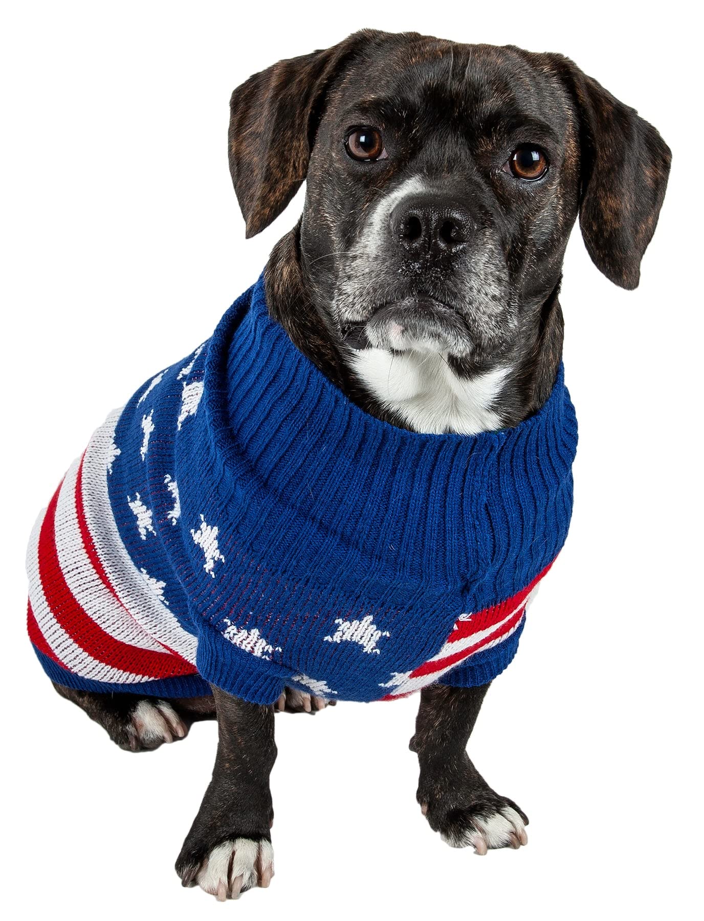 Pet Life  Patriot Independence Star Pet Sweater - Designer Heavy Cable Knitted Dog Sweater with Turtle Neck - Winter Dog Clothes