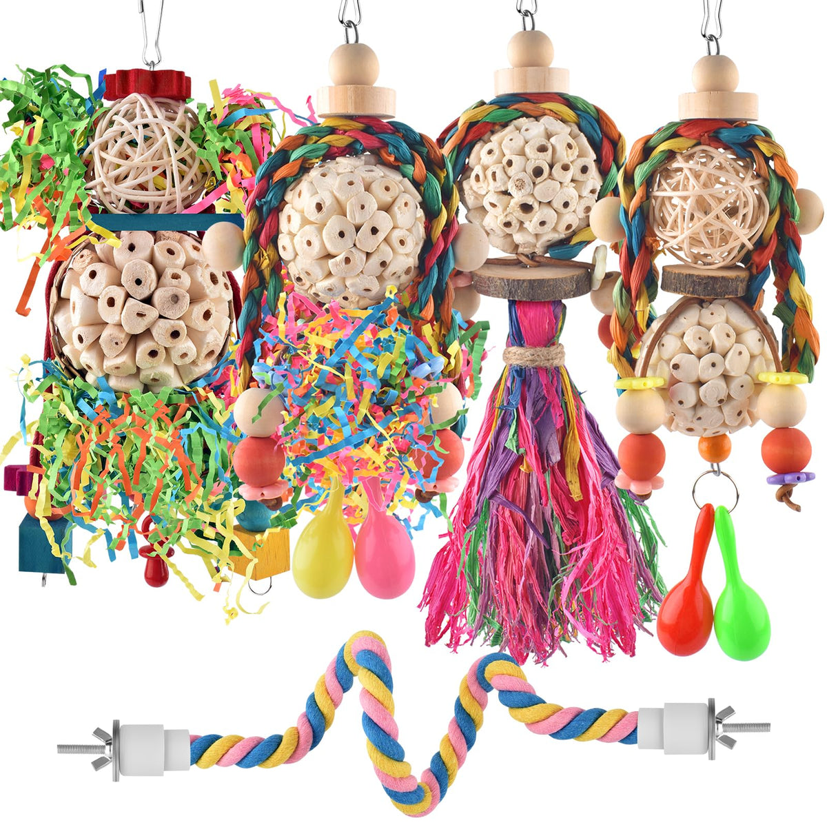Bissap Conure Toys, 5 Pcs Bird Foraging Shredder Hanging Swing Rope Perch Toys Sola Balls With Sand Hammer For Small Parrots Par
