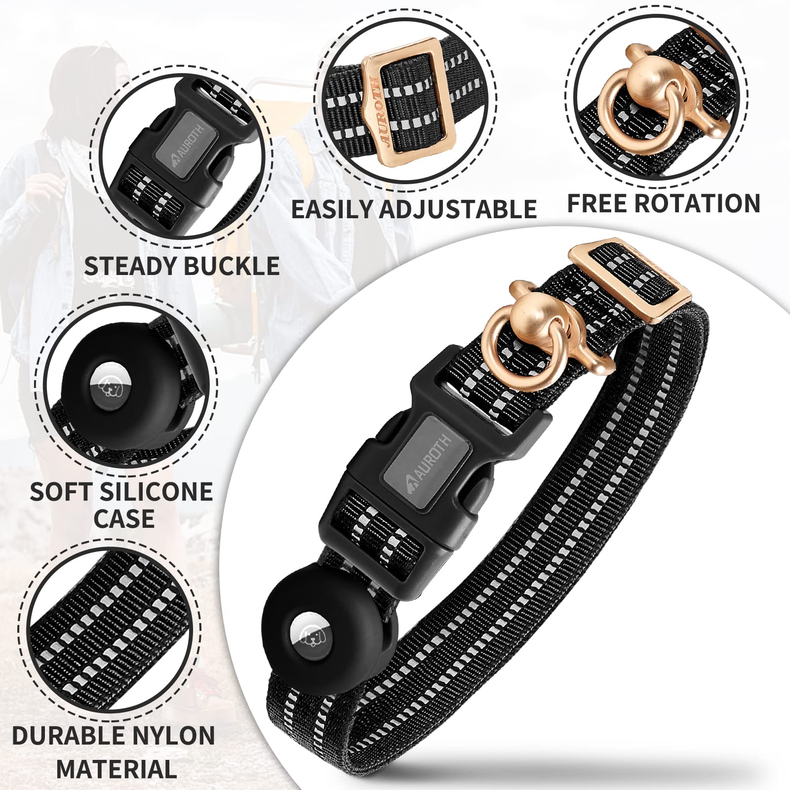 Auroth Adjustable Air Tag Dog Collar, Nylon Animal Collar For Medium Large Dogs, 360-Degree Swivel D Ring, Reflective Threads, S