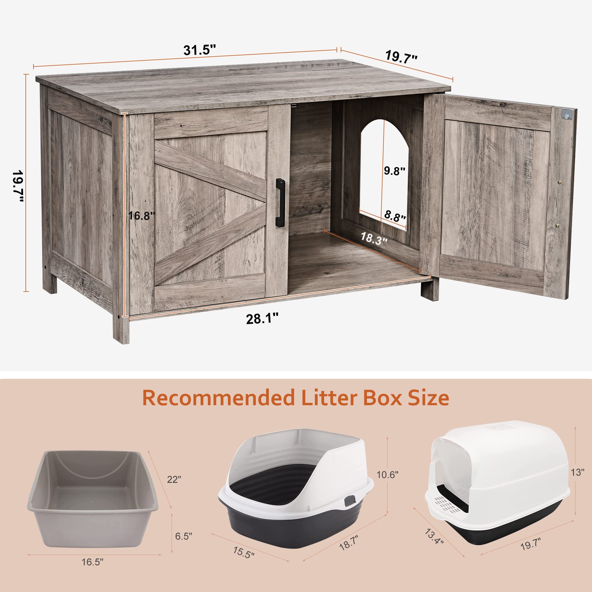Homhedy Cat Litter Box Enclosure,Litter Box Furniture Hidden With Barn Door,Wooden Cat Washroom Furniture,Cat House,Fit Most Of Litter Box, Greige