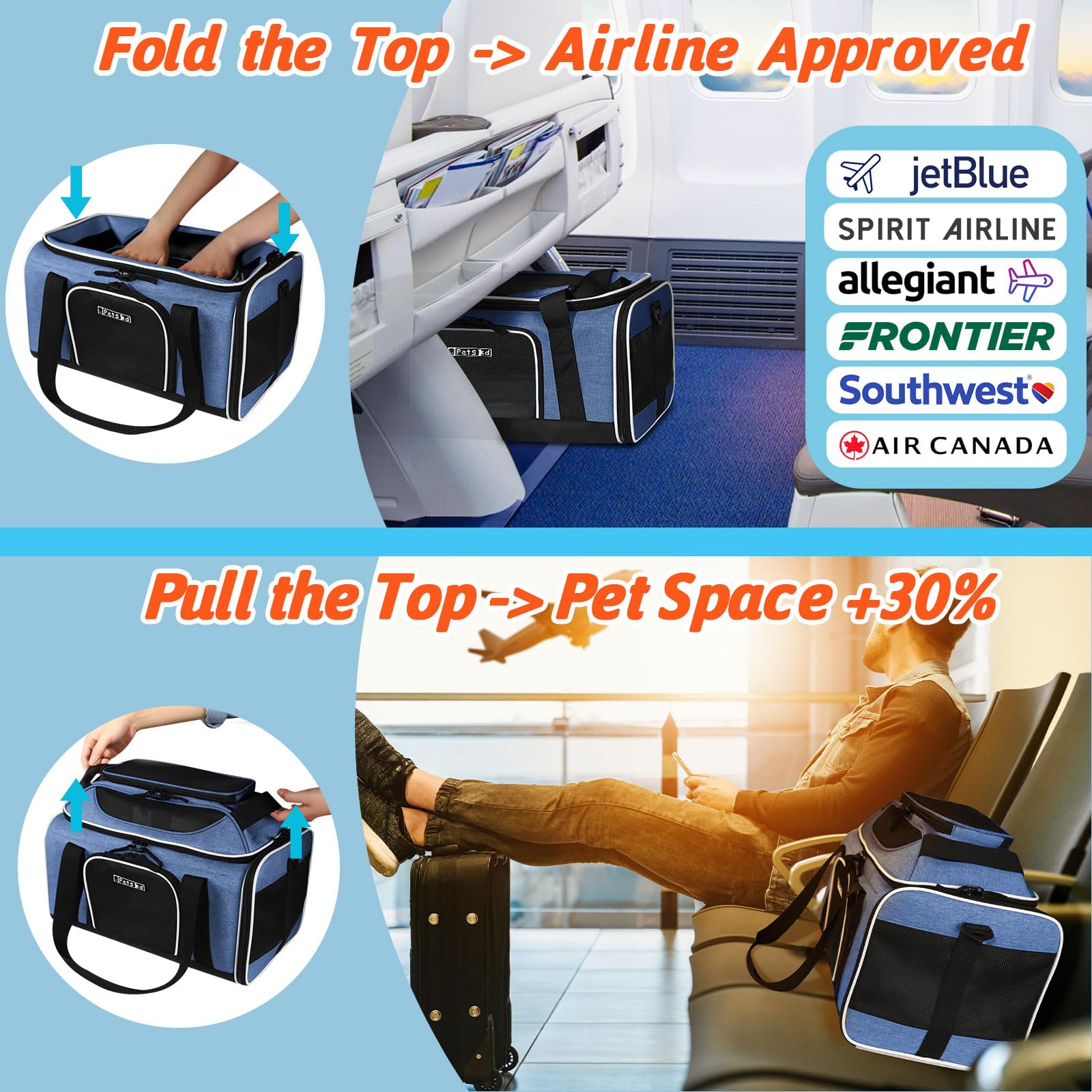 Petskd Top-Expandable Pet Carrier 17X12X8.5 Inches Jetblue Allegiant Spirit Airline Approved, Soft-Sided Carrier For Small Cats
