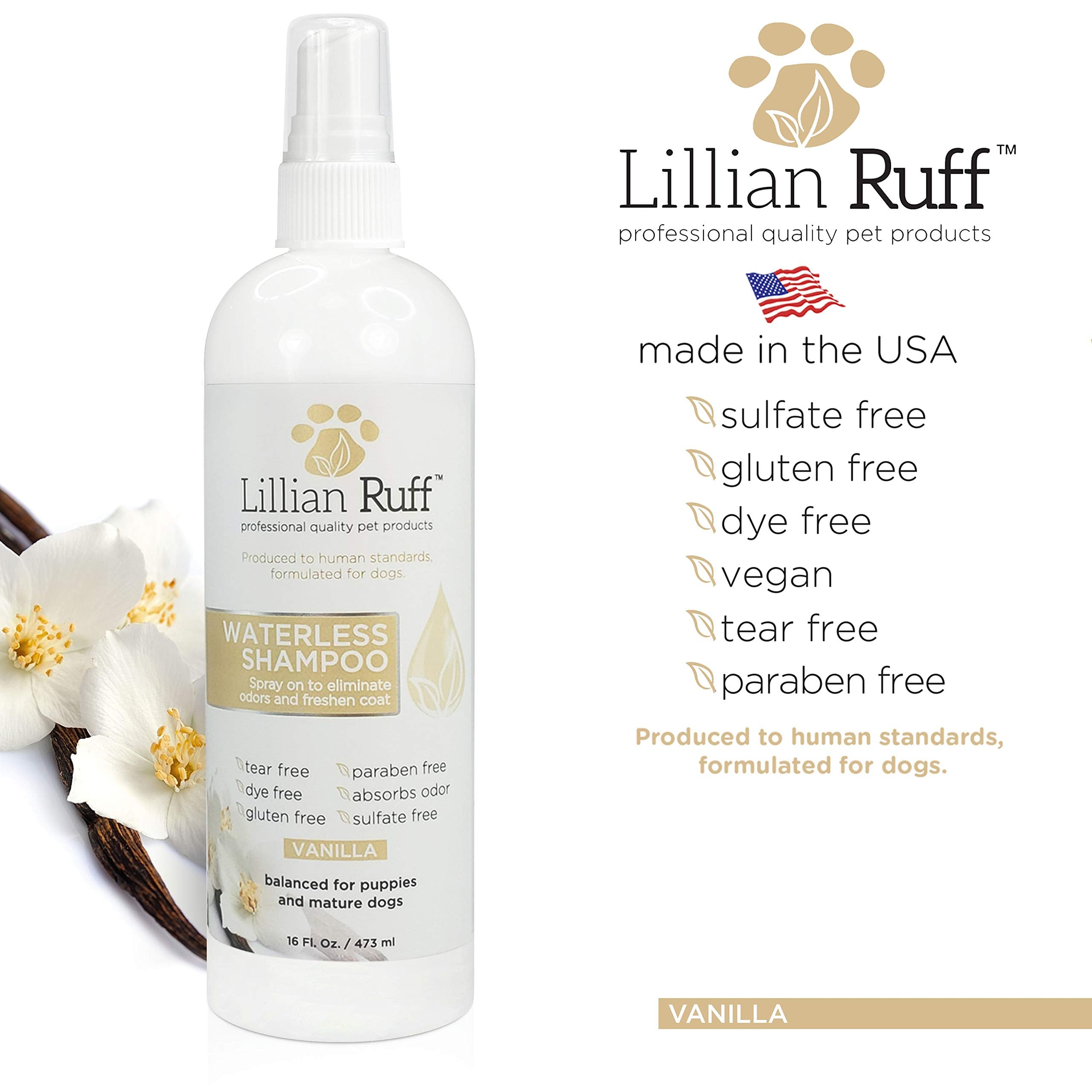 Lillian Ruff Waterless No-Rinse Dog Shampoo Spray - pH-Balanced, Hydrating Essential Oils, Vanilla Scent, for Sensitive Skin