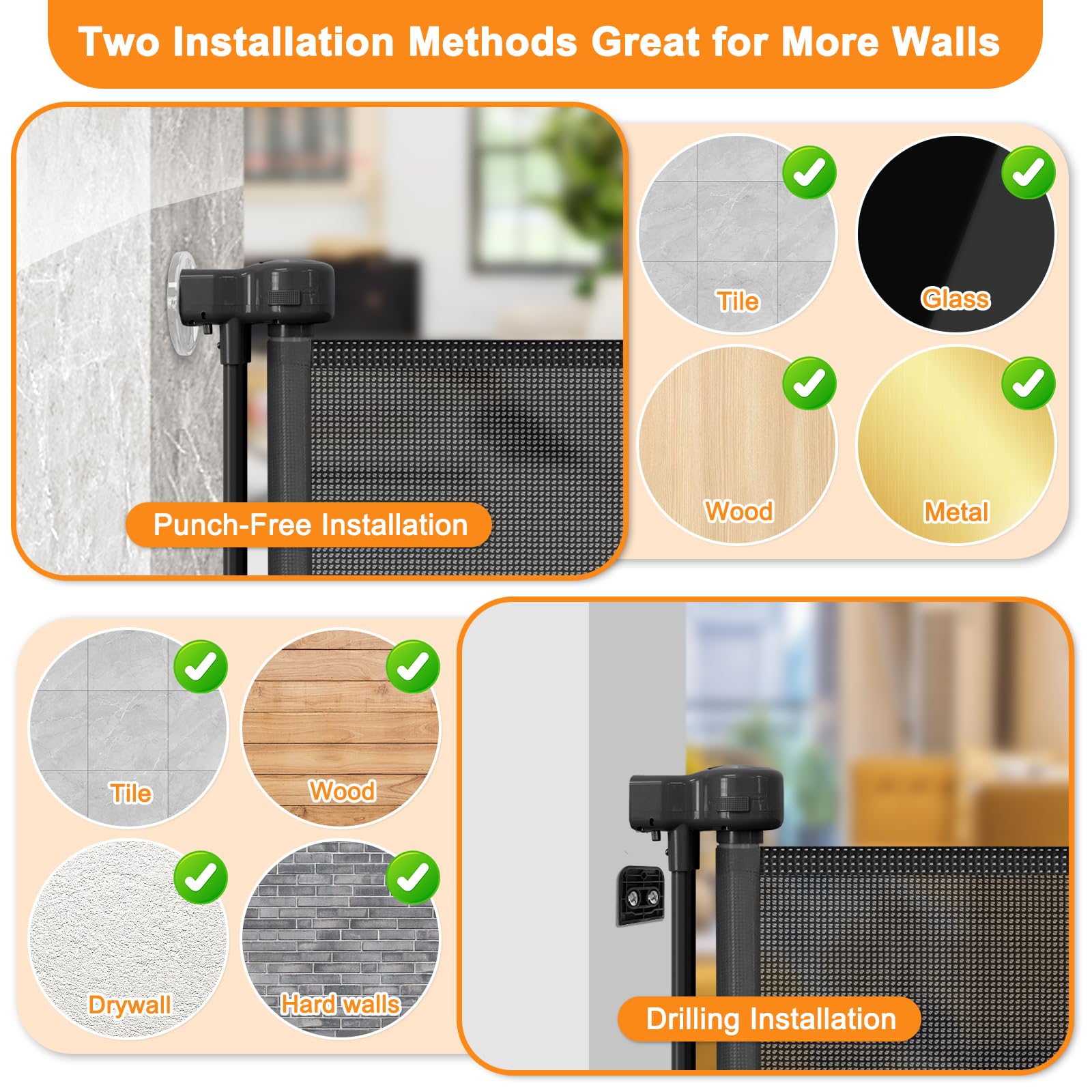Reinforced No Drilling 100'' Wide Retractable Baby Gates Extra Wide Dog Gate with Support Bars Mesh Baby Gate No Drill Retractab