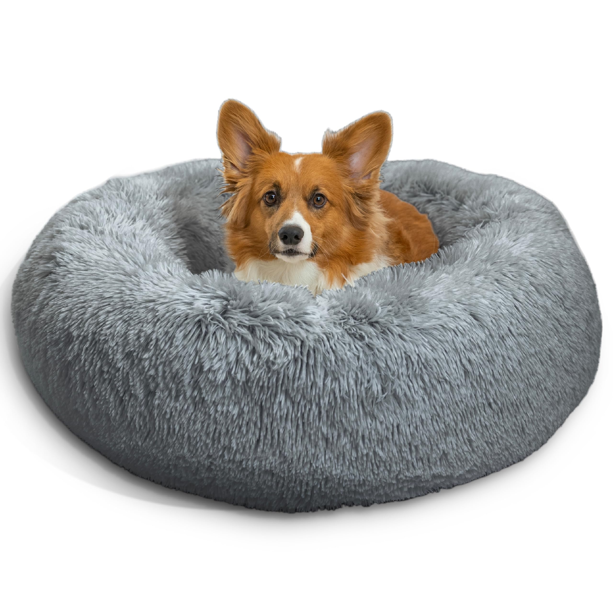Best Friends By Sheri Original Calming Donut Dog And Cat Bed, Shag Faux Fur, Gray, Small (23X23) - Helps Provide Anxiety Relief 