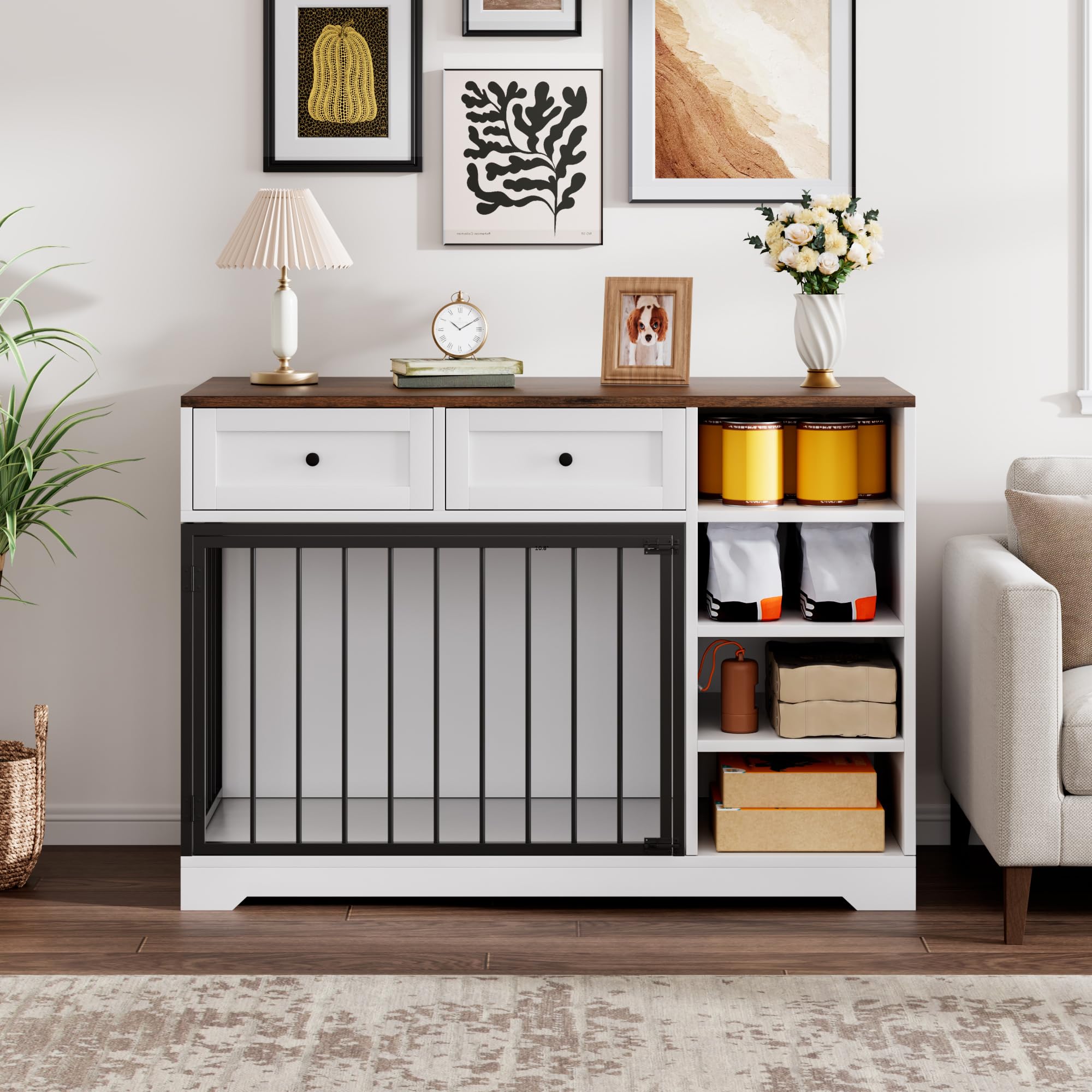 Dog Crate Furniture 47, Large Dog Crate TV Stand with 2 Drawers and 4 Shelves, Wooden Dog Kennel Indoor, Decorative Dog Cage wit