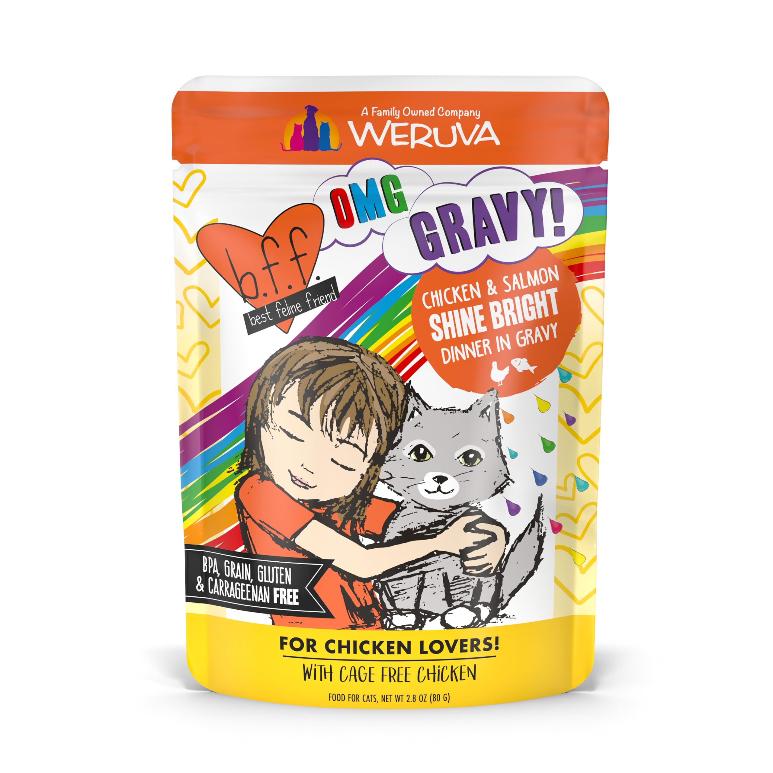 Weruva B.F.F. OMG - Best Feline Friend Oh My Gravy!, Chicken & Salmon Shine Bright with Chicken & Salmon in Gravy, 2.8oz Pouch (