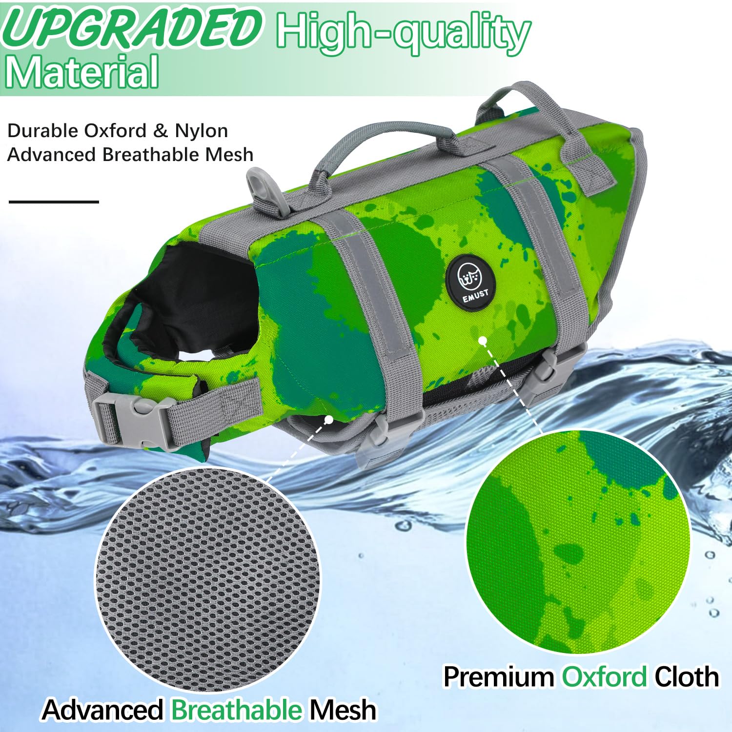 Emust Dog Life Jacket, Xl, Multigreen, Waterproof, Breathable, Adjustable With Rescue Handle, For Swimming Pool Beach Boating