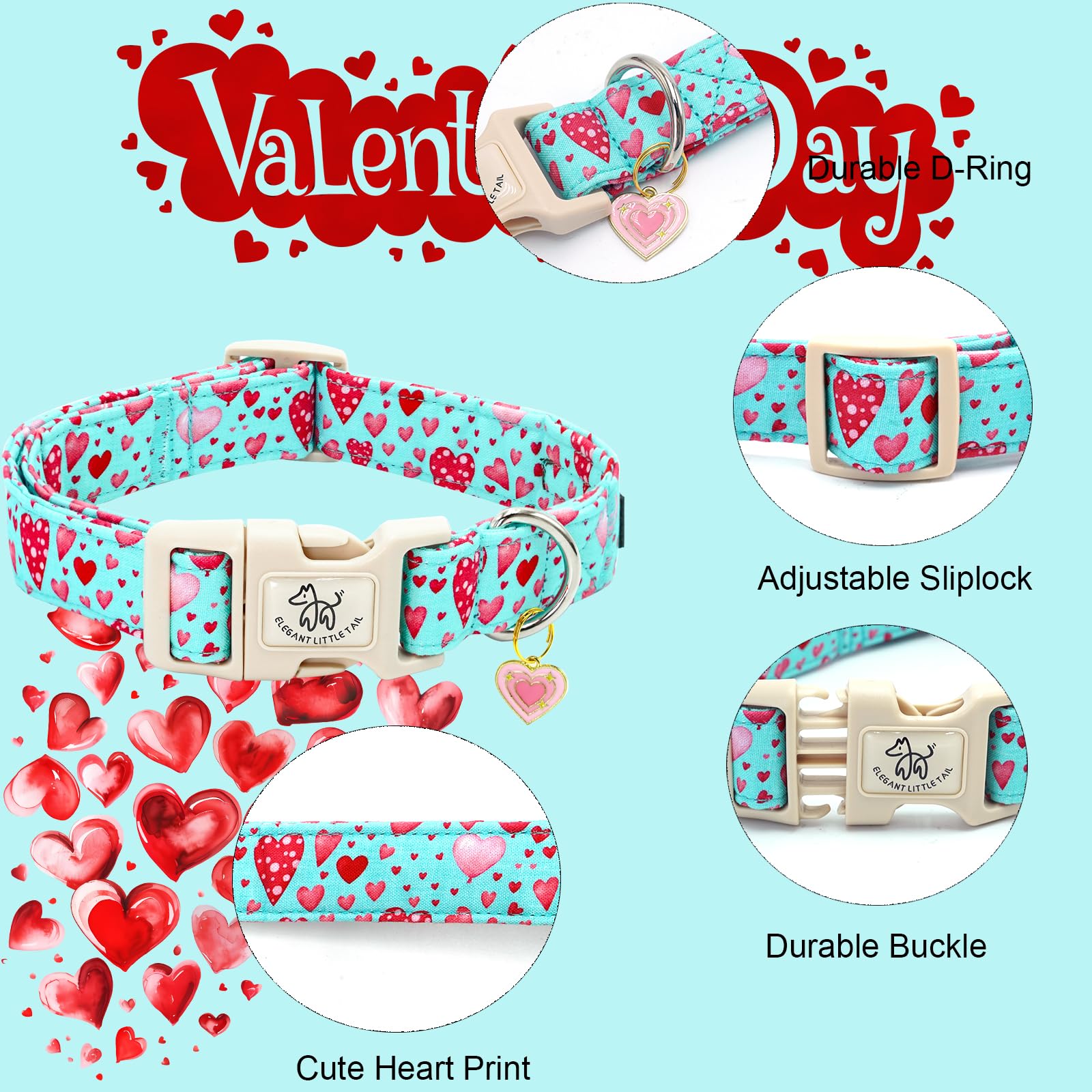 Elegant Little Tail Valentine'S Dog Collar, Pink Heart Dog Collar For Medium Dogs, Female Or Male Adjustable Cotton Pet Collar W