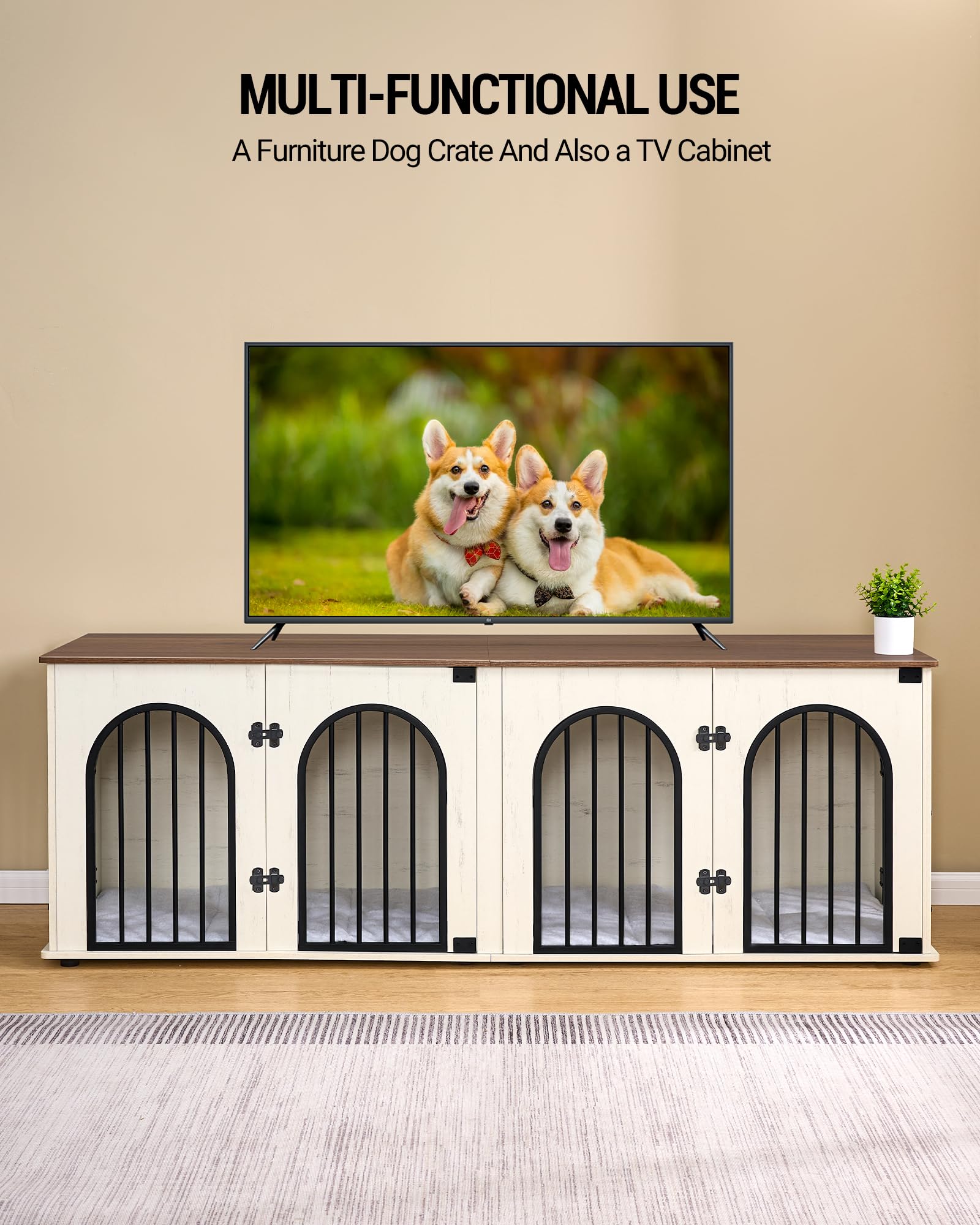 Hzuaneri 71 Dog Crate Furniture for 2 Dogs, Heavy Duty Indoor Dog Kennel TV Stand, XXL Wooden Dog Cage with Divider for Medium L