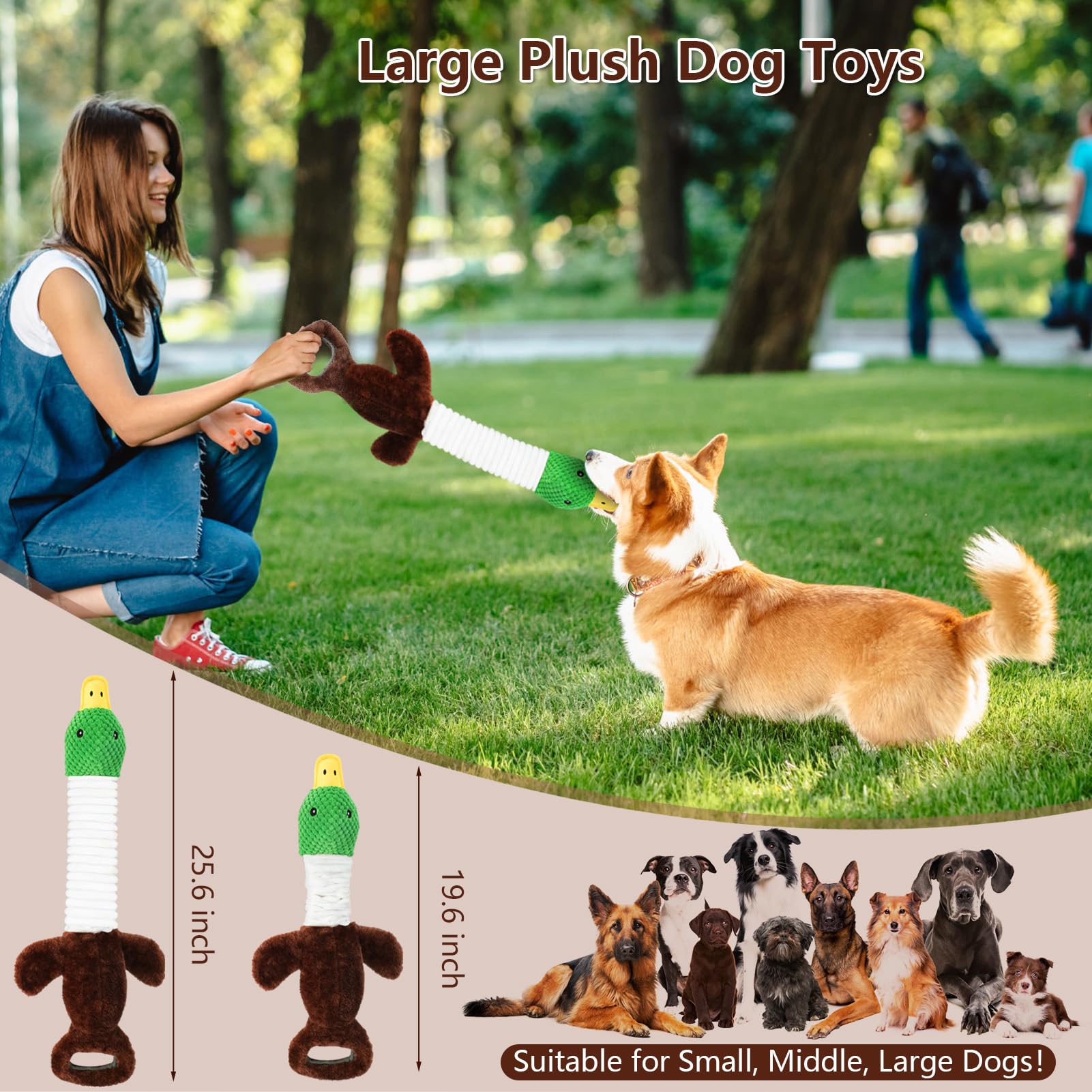 Plush Dog Toys For Large Dogs, Duck Stuffed Squeaky Dog Chew Toy With Crinkle Paper, Interactive Pull Puppy Toys - Tug Of War Do