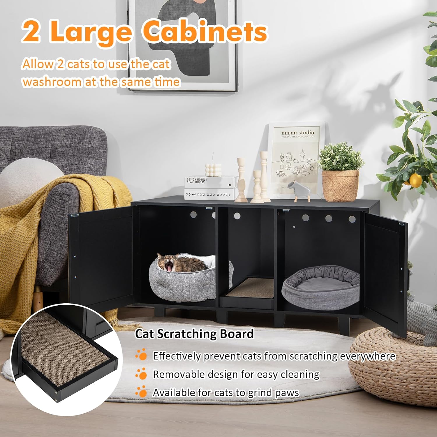 Giantex Cat Litter Box Enclosure - Cat Washroom Hidden Furniture with 2 Storage Cabinets, Removable Cat Scratcher, Air Vents, De