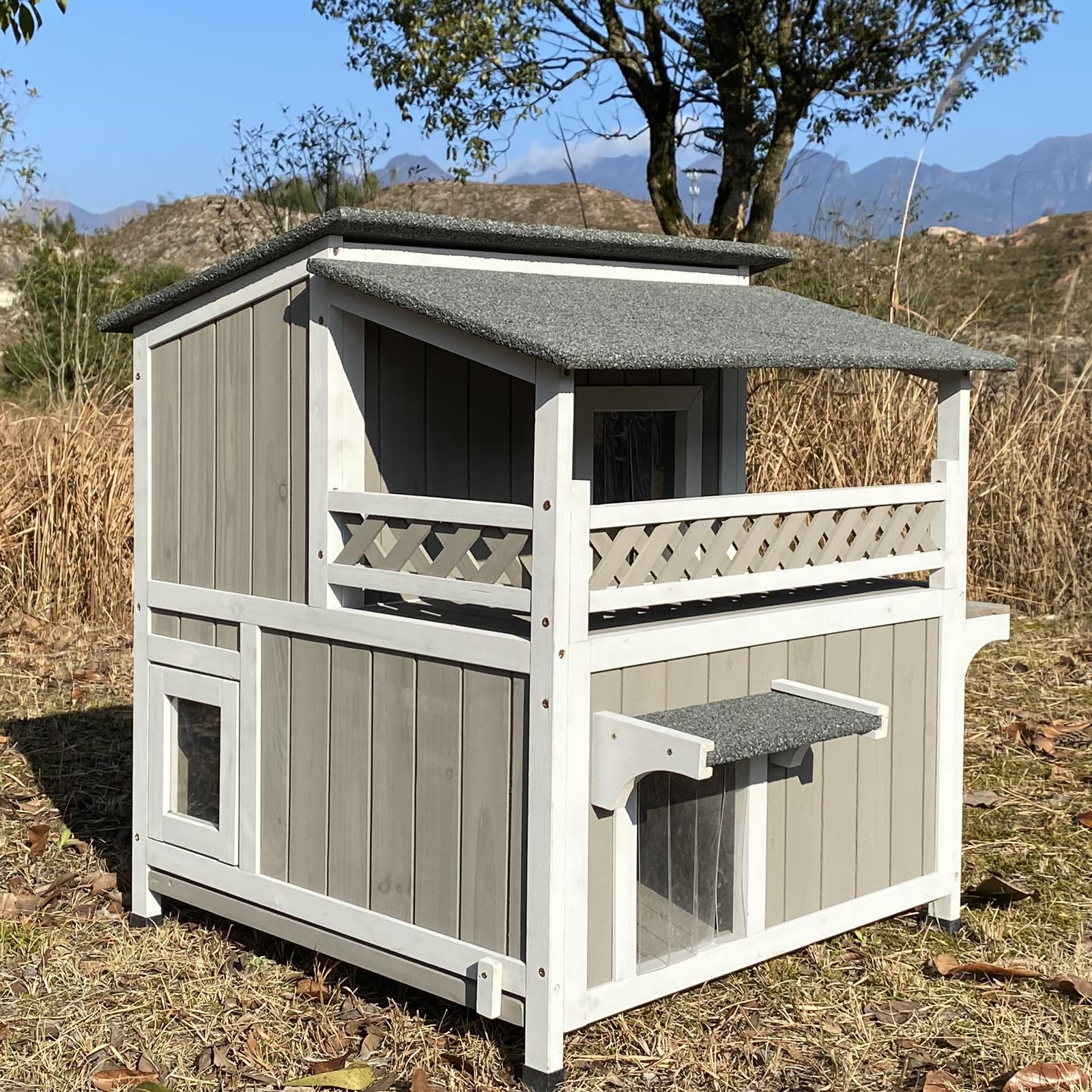 Gowoodhut Feral Cat Shelter Outdoor Weatherproof Houses For Cats Two Story Wooden Cat House Outside Feral Cat House With Balcony