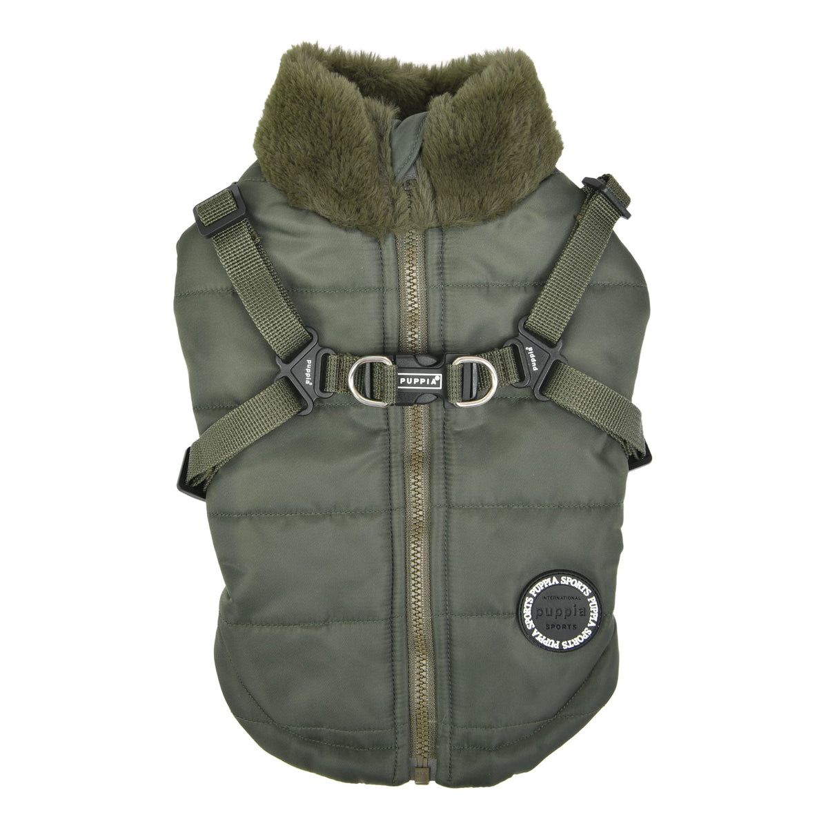 Puppia Donavan Winter Dog Coat With Integrated Harness No Pull Cold Weather Waterproof Warm Fleece Back Zipper For Small & Medium Dog, Khaki, Large