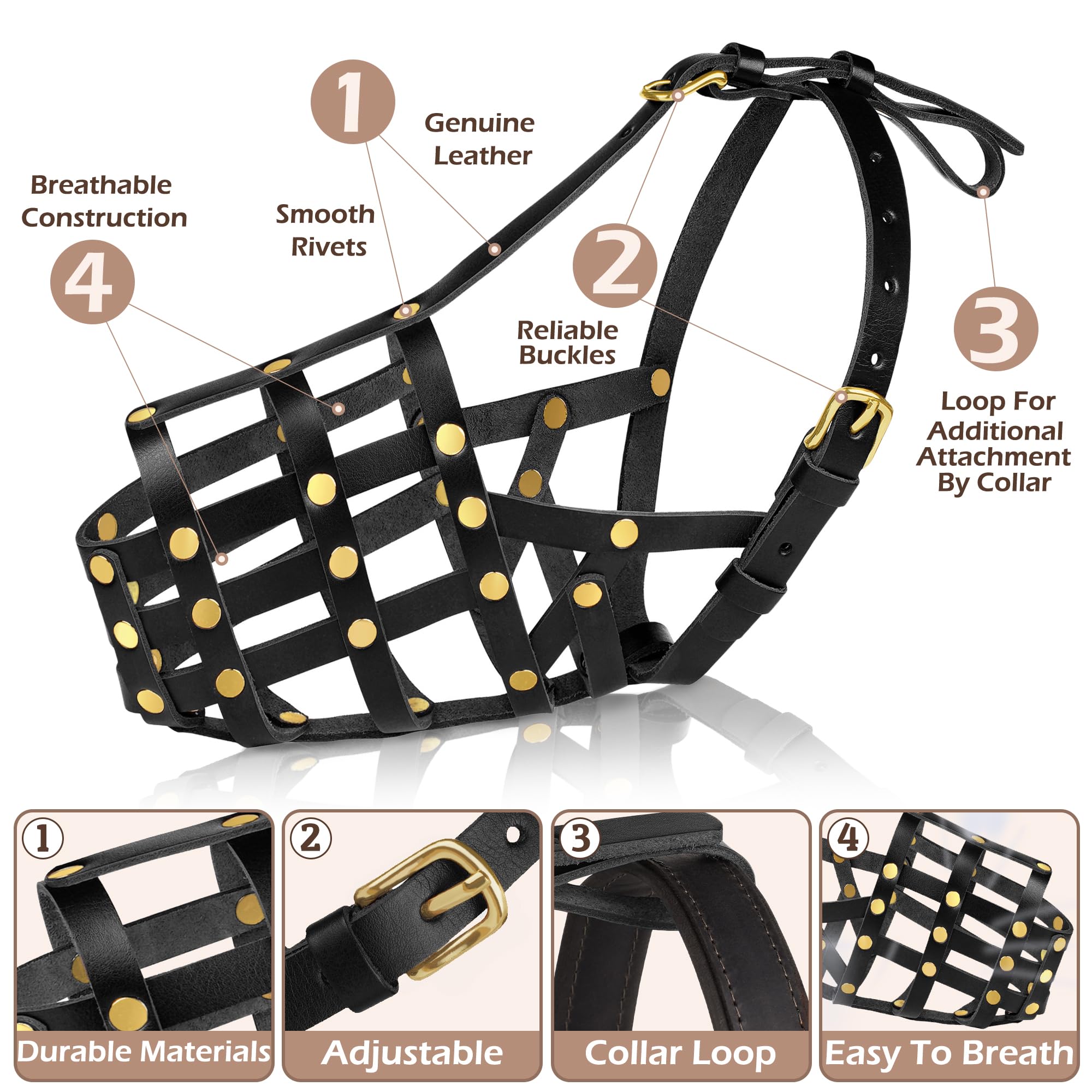 OOPSDOGGY Leather Anti-Bark Muzzle for Large Dogs, Black, Size