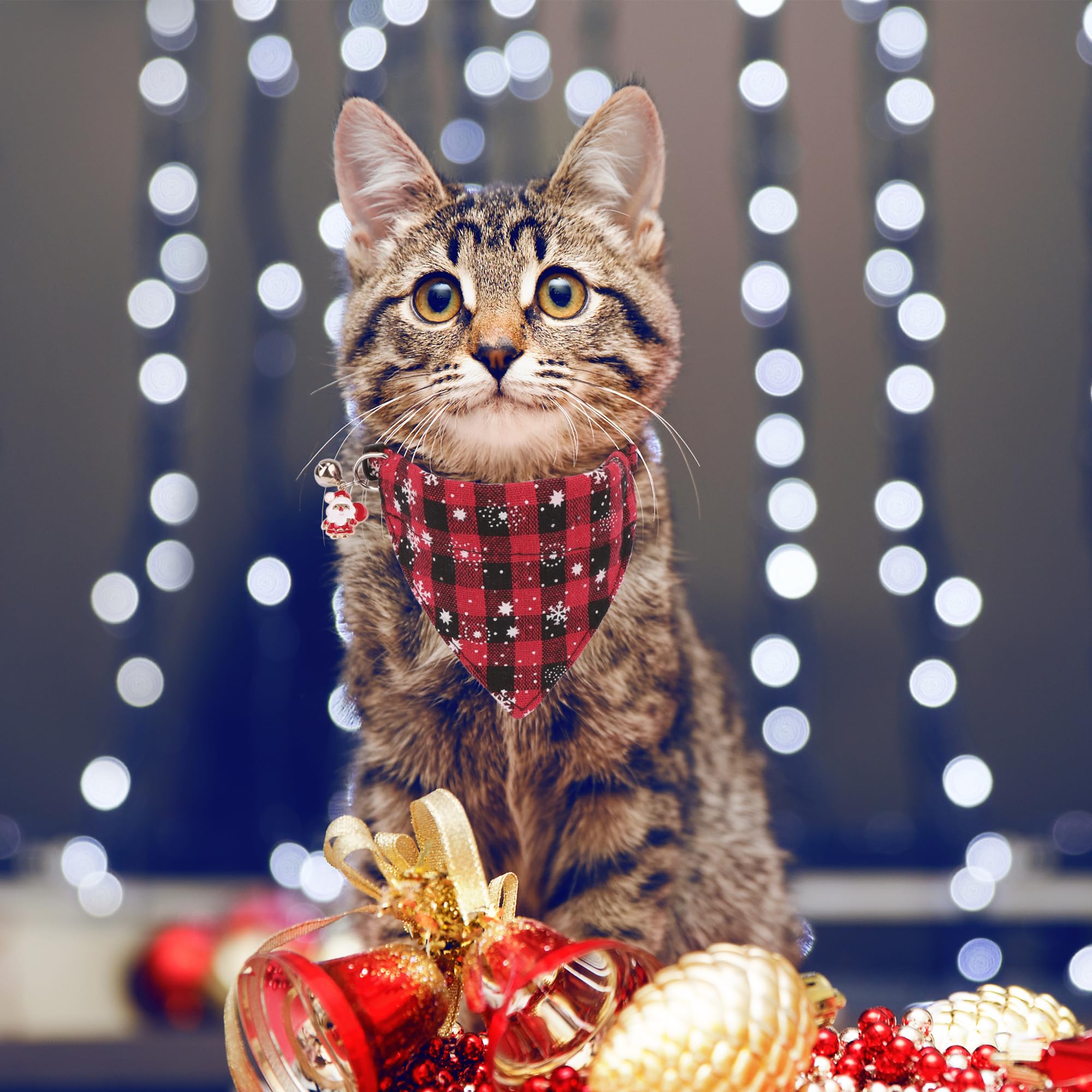 Adoggygo Christmas Cat Collars Breakaway With Bell, 2 Pack Adjustable Cat Collar With Removable Bandana, Red Green Plaid Snowflake Cat Bandana Collar For Kittens Cats (7.5'- 10.5', Scarf)