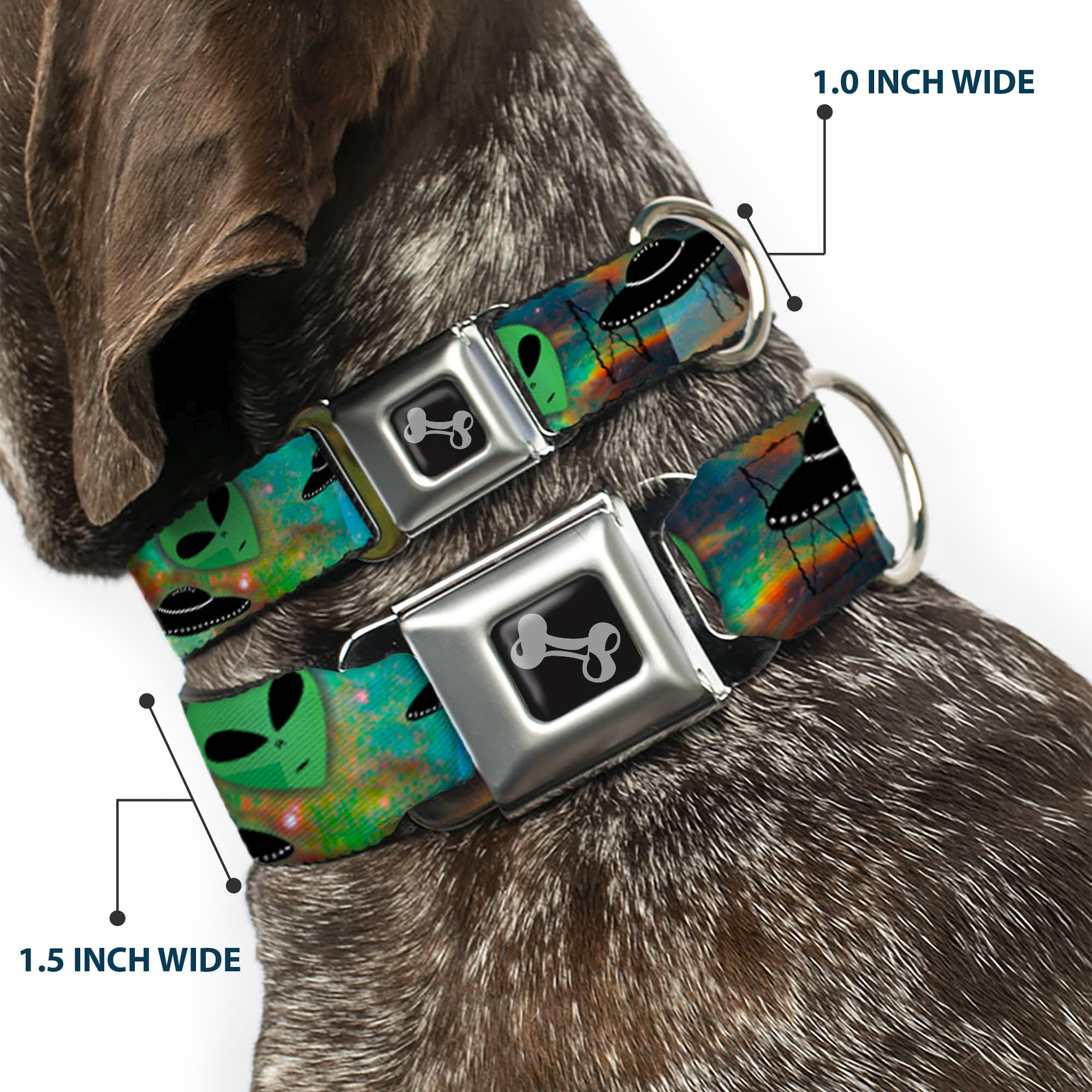 Dog Collar Seatbelt Buckle Aliens Ufos Galaxy Green Black White 13 To 18 Inches 1.5 Inch Wide