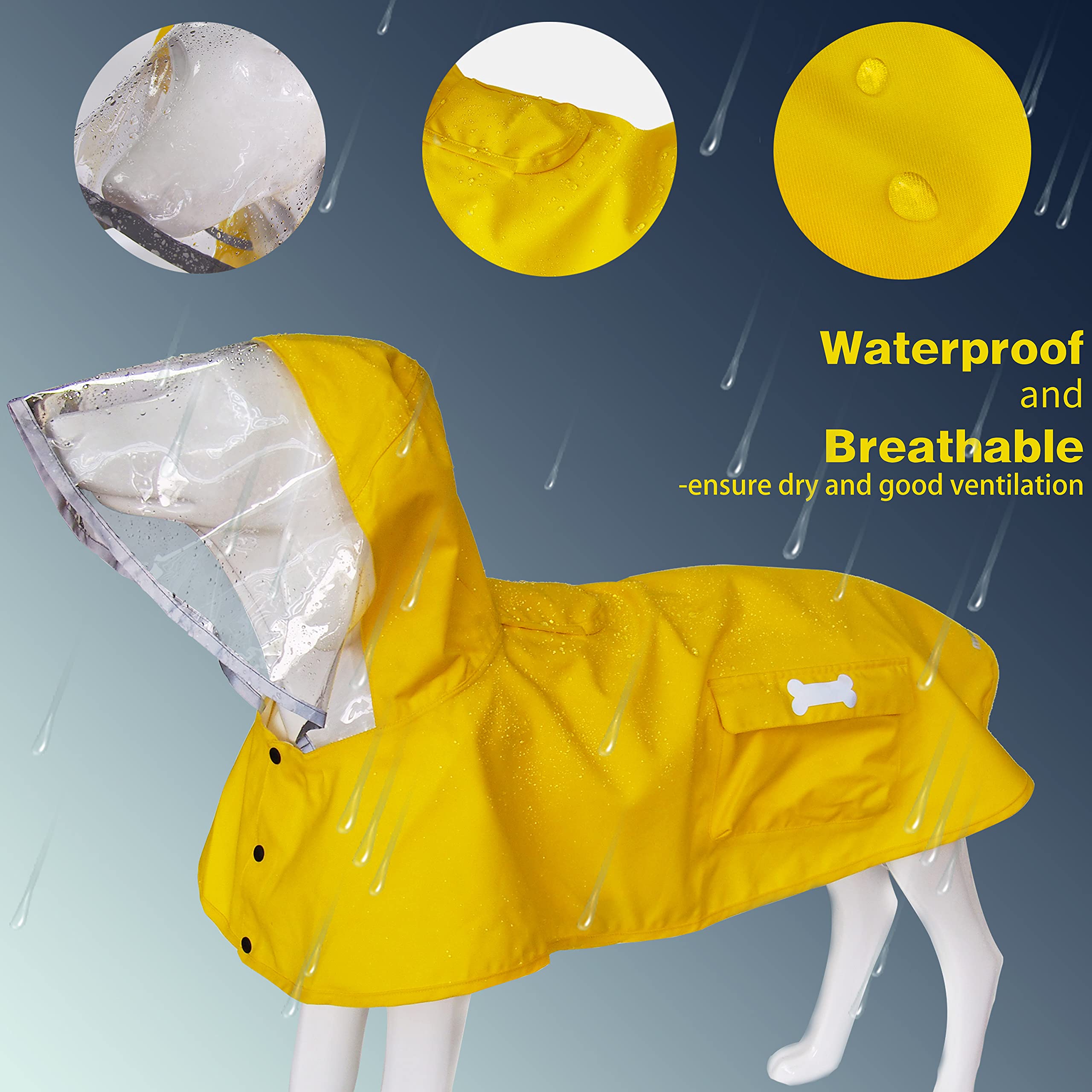 Waterproof Dog Raincoat, Adjustable Reflective Lightweight Pet Rain Clothes With Poncho Hood (Yellow, Large)