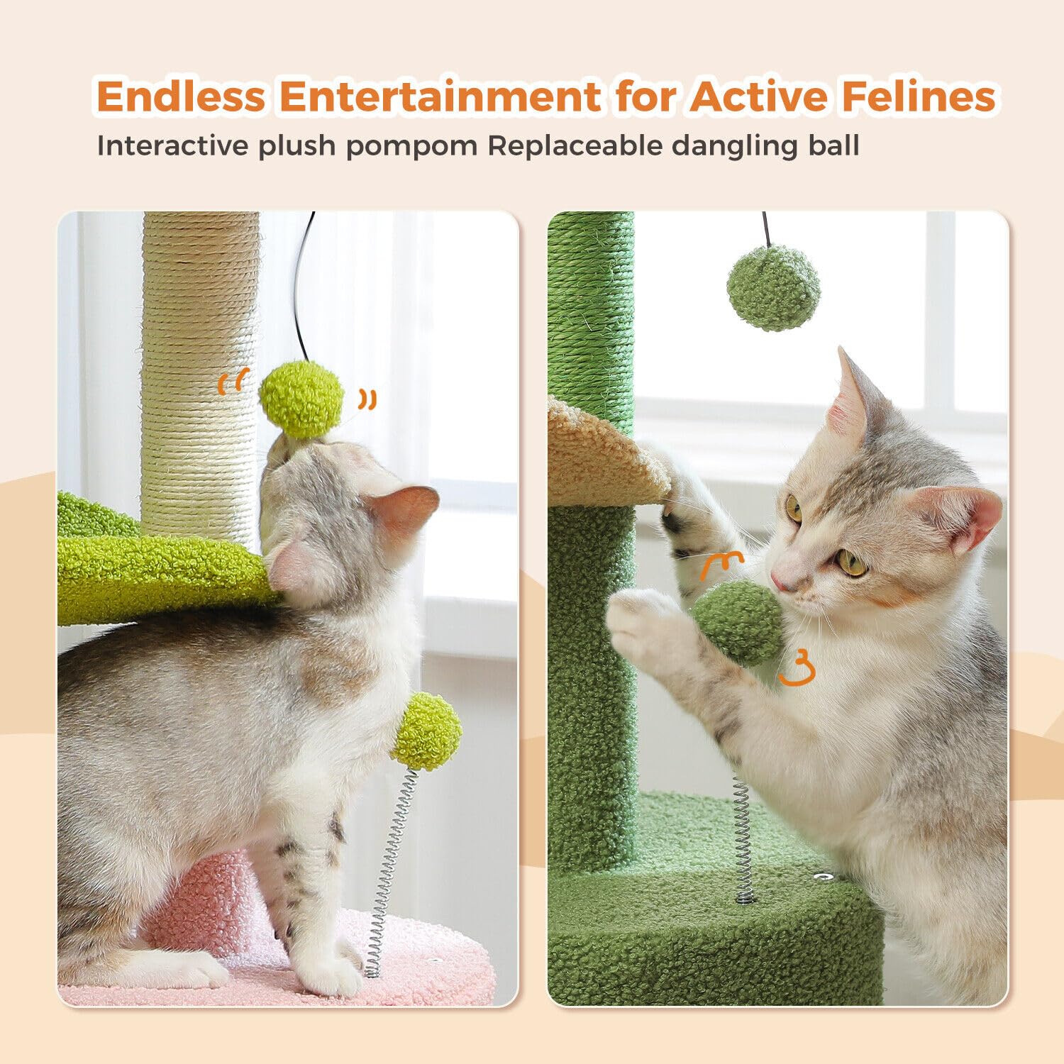 Pawz Road Cactus Cat Tree Small Cat Tower 32    Cat Scratching Post With Curved Perch, Cozy Cat Condo, Removable Padded Top Bed