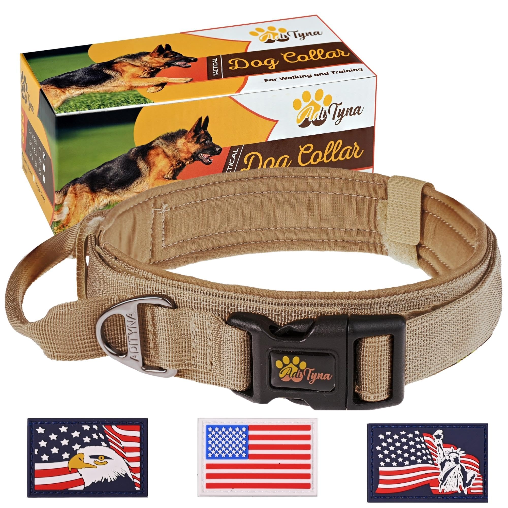 Adityna Tactical Dog Collar For Medium Dogs - Soft Padded, Heavy Duty, Service, Adjustable, Military, K9 Medium Collar With Hand