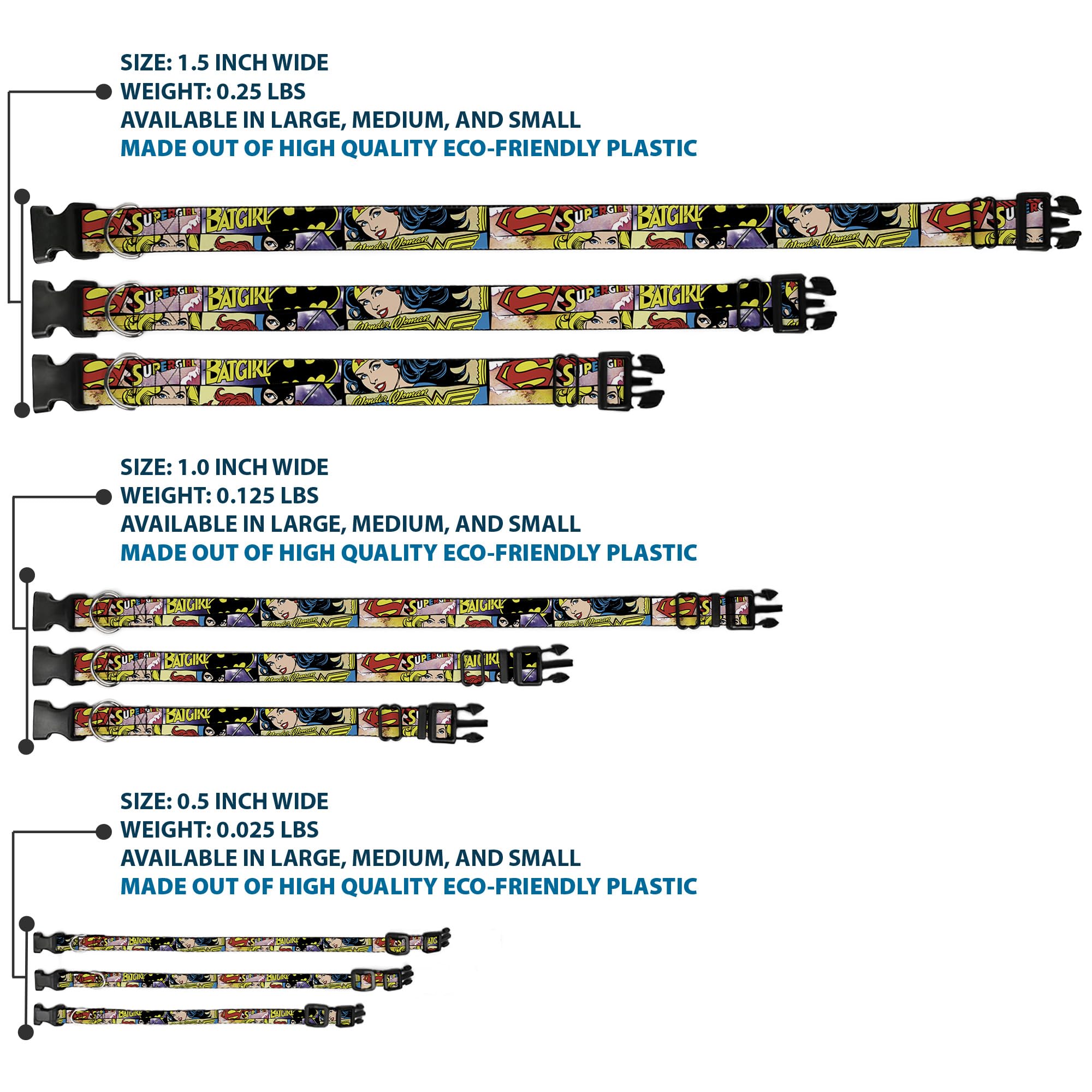 Buckle-Down Plastic Clip Collar - Superheroines Wonder Woman/Supergirl/Batgirl - 1 Wide - Fits 9-15 Neck - Small