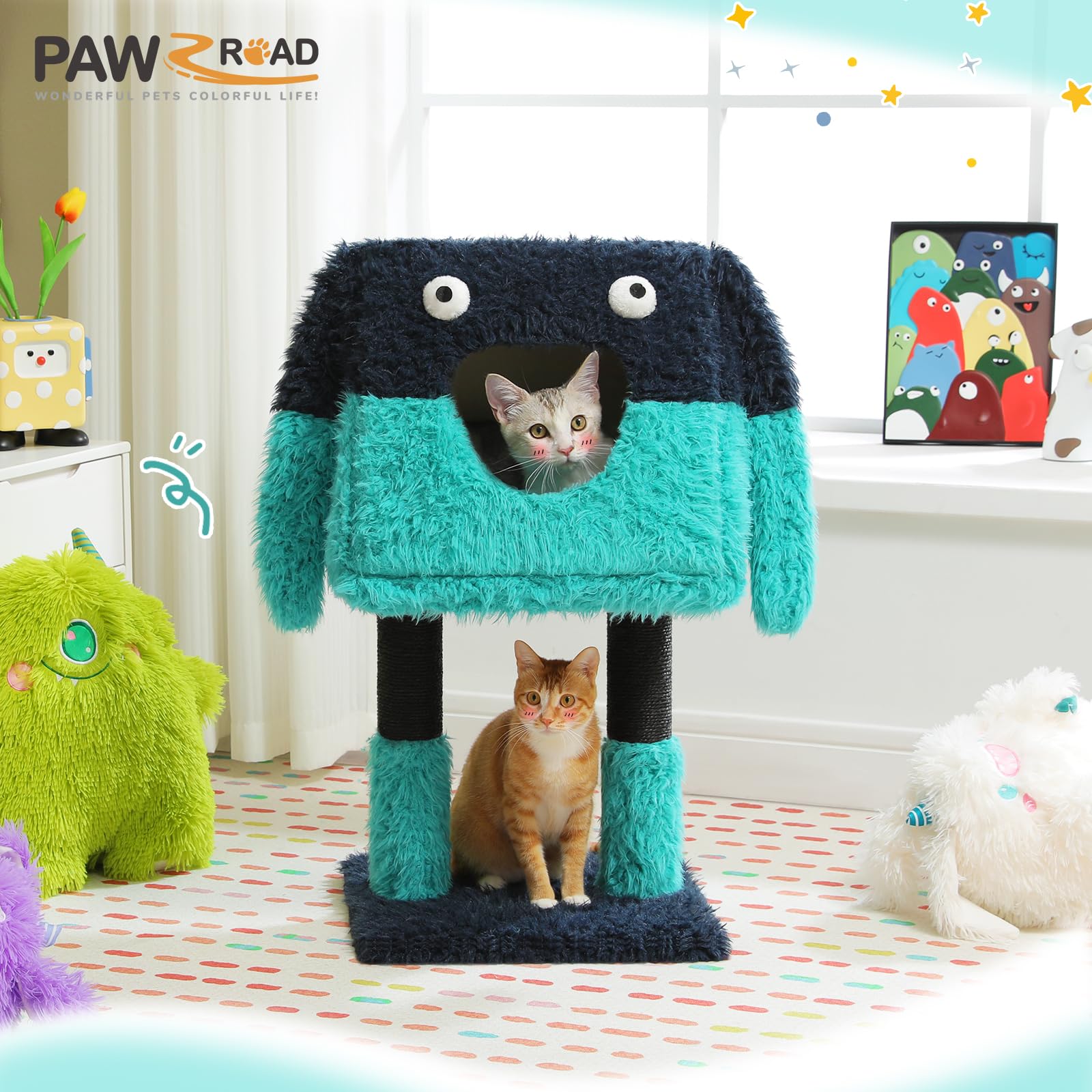 Pawz Road Cartoon-Themed Cat Tree, 2 In 1 Cat Scratching Post With Big Cozy Condo, Artistic Modeling Playing Tower With A Soft R