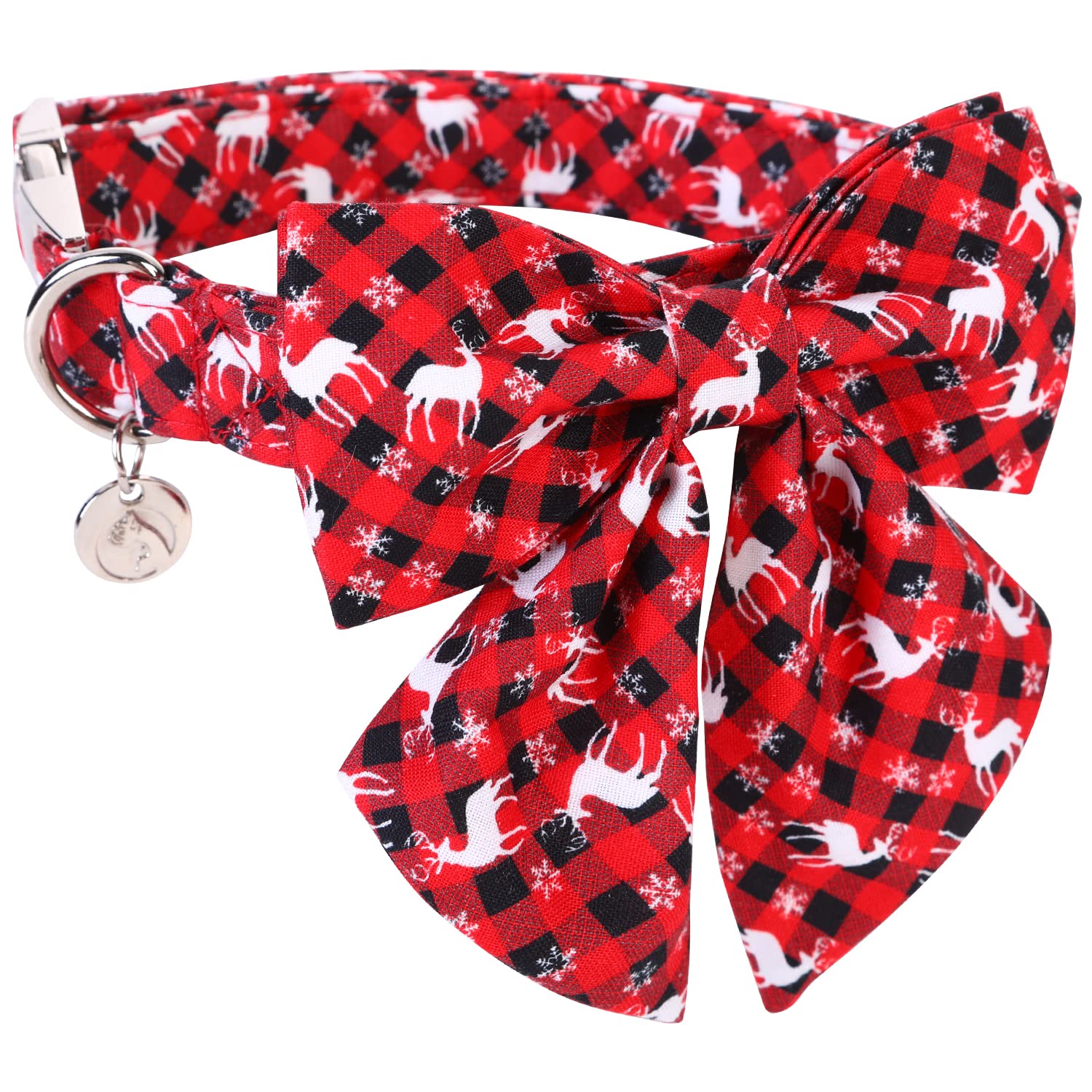 Dogwong Christmas Dog Collar With Sailor Bow, Red Plaid Deer Dog Collar Soft Durable Adjustable Cotton Puppy Collar For Small Me