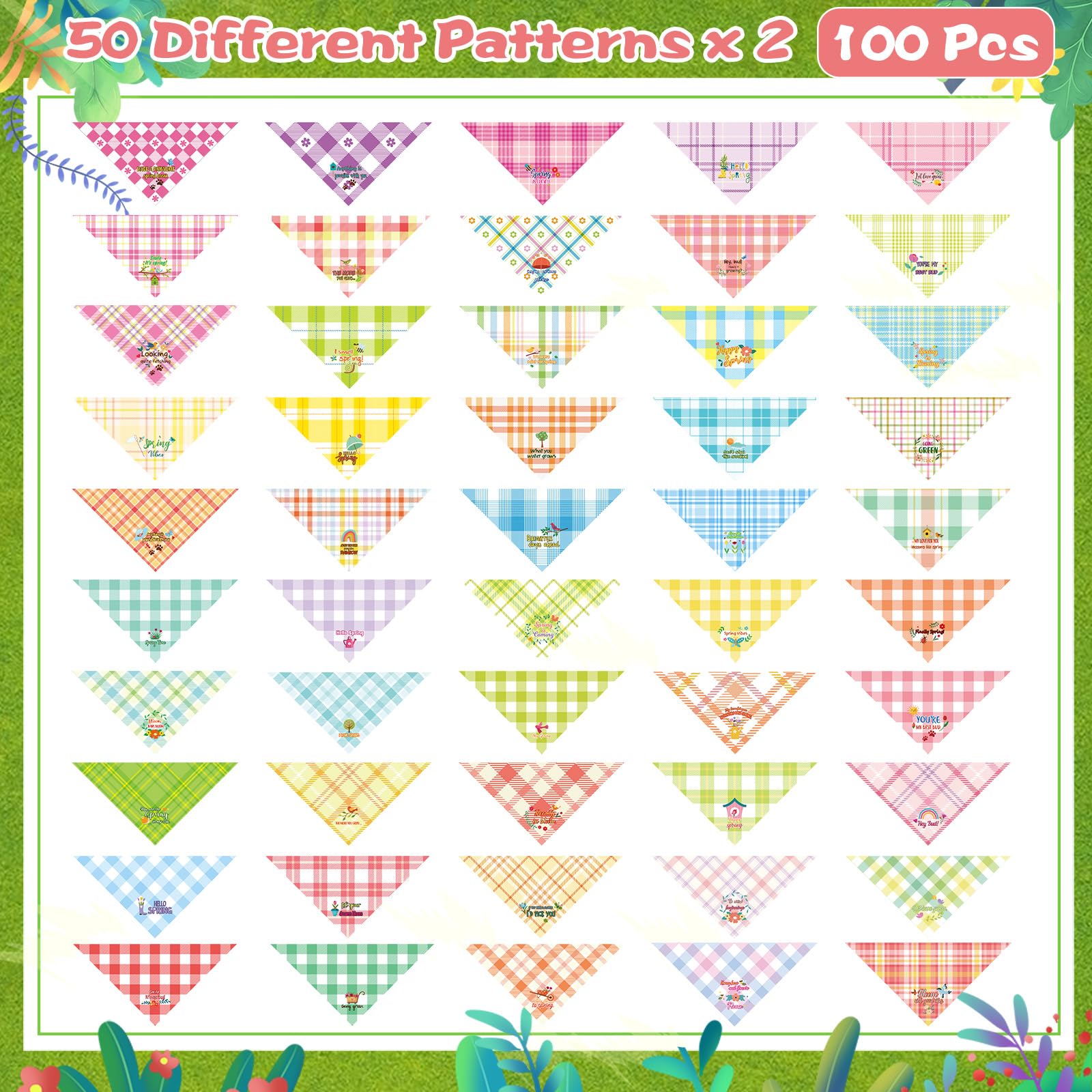 Sweetude 100 Pcs Spring Plaid Dog Bandanas Bulk With Sayings Spring Pet Scarf Bibs Adjustable Washable Kerchief Seasonal Pet Cos