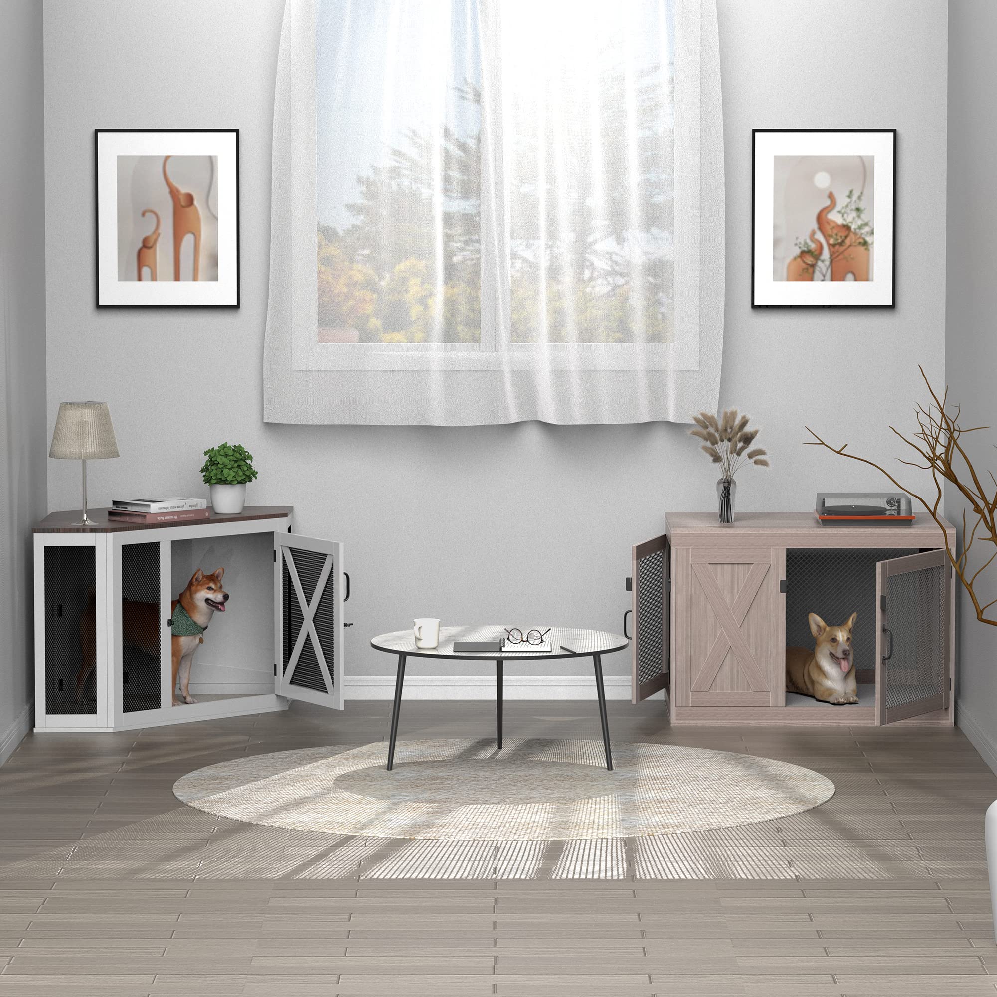 Xilingol Wooden Dog Crate Furniture, Decorative End Table with Mesh, 26.3" x 44.5" x 23.4" for Small to Large Dogs, Indoor Use