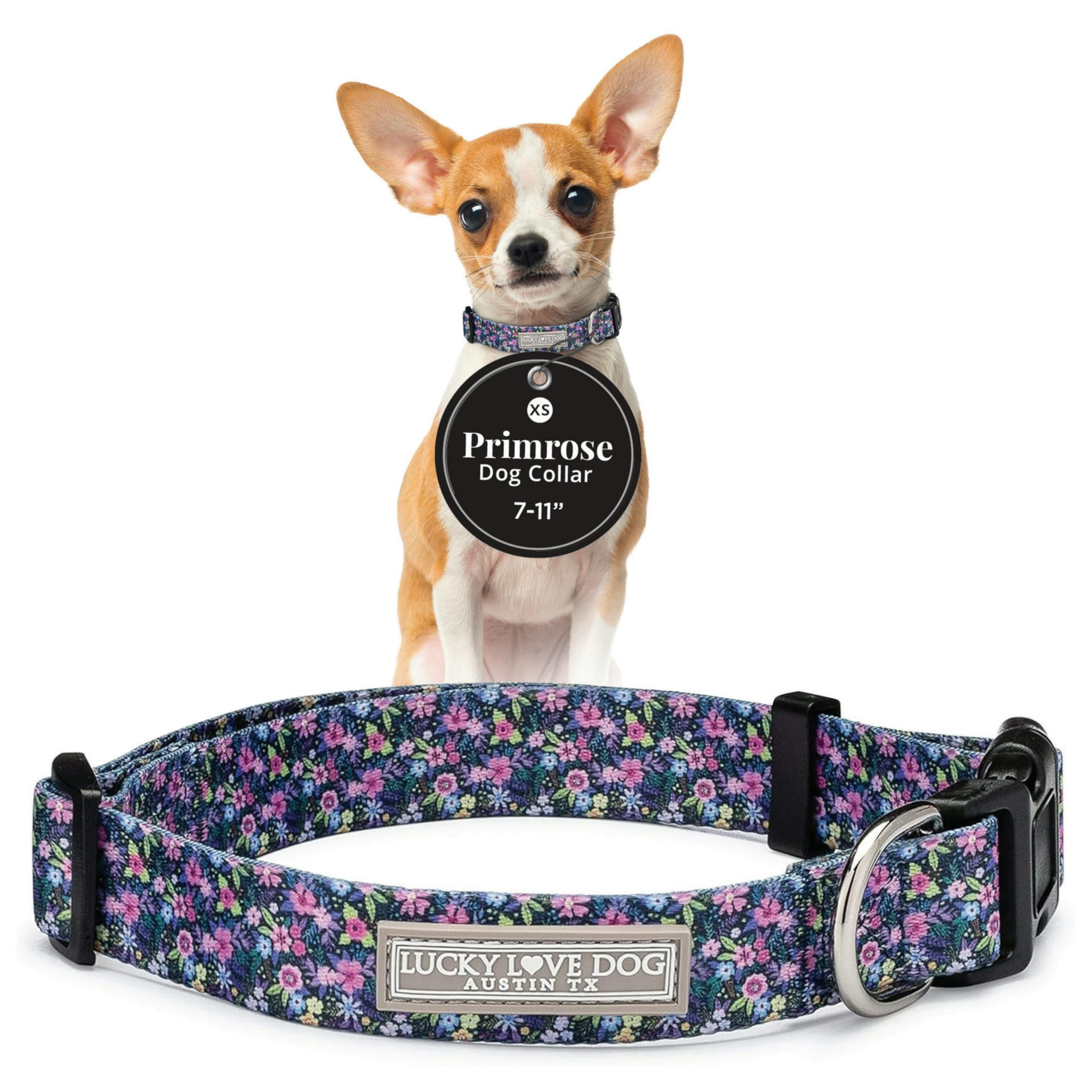 Lucky Love Dog, Comfortable, Soft, Cute Female Dog Collar For Tiny Dogs, Black & Purple Floral Print, Adjustable Nylon Collar, Primrose, Xs