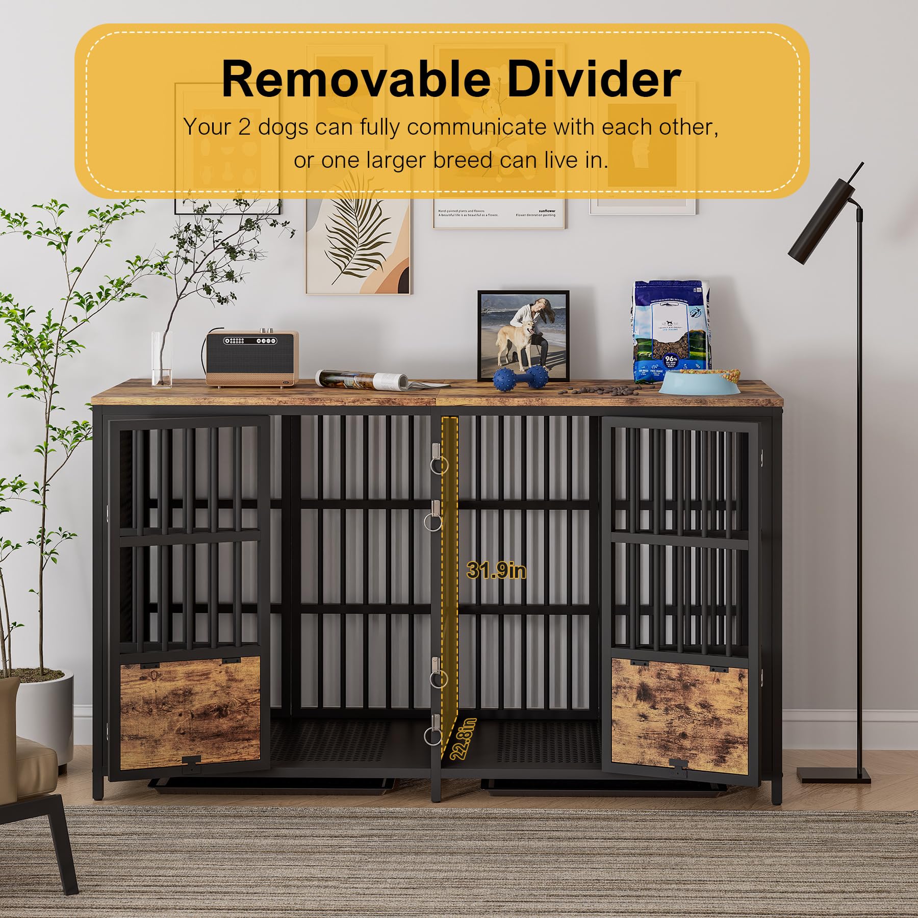 Boinn Large Dog Crate Furniture, 63 Inch Heavy Duty Double Dog Crate With Removable Divider, Extra Large Dog Kennel Furniture Tv