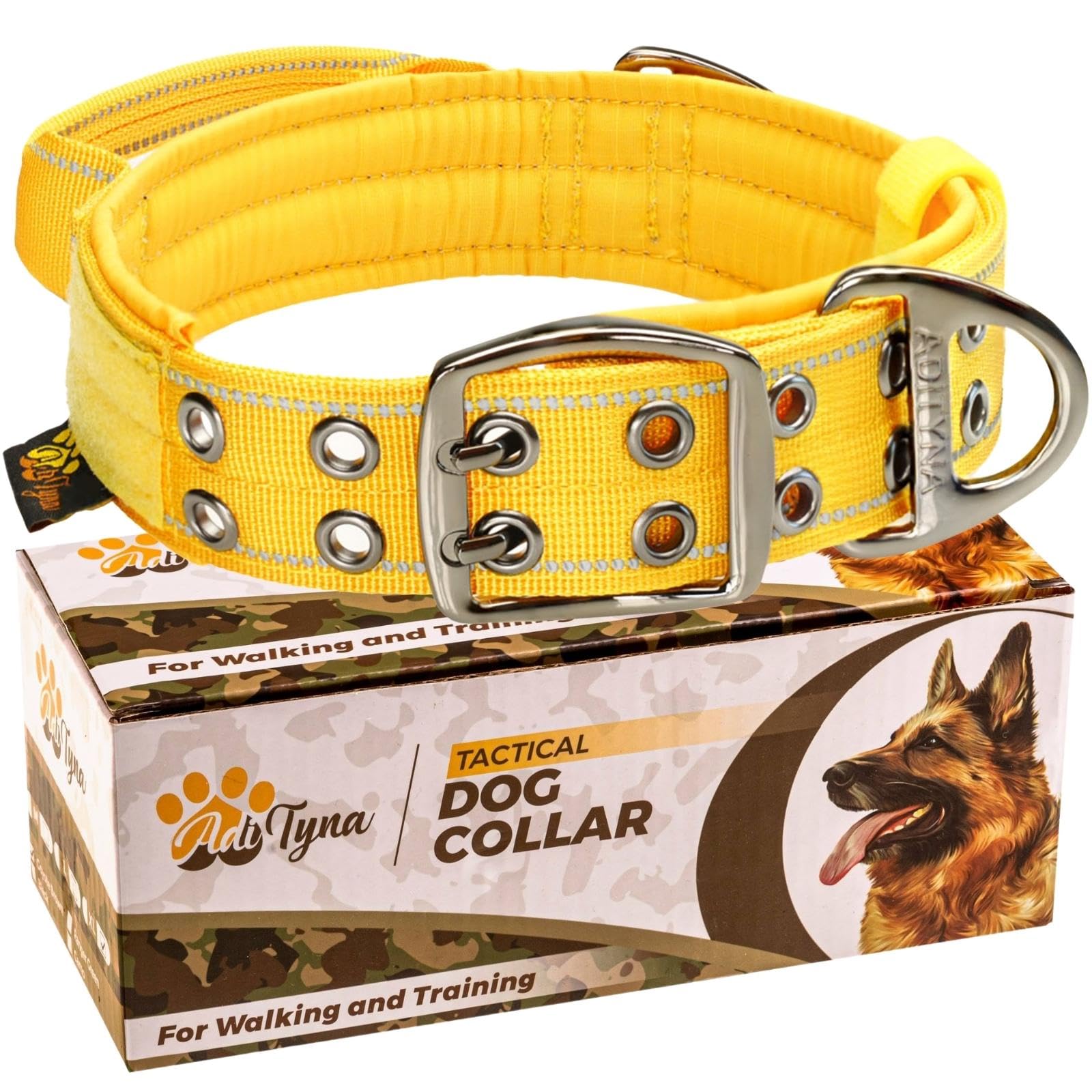 Adityna Heavy Duty Dog Collar For Medium Dogs - Reflective Yellow Collar With Handle For Training, And Walking - Wide, Thick, Ta