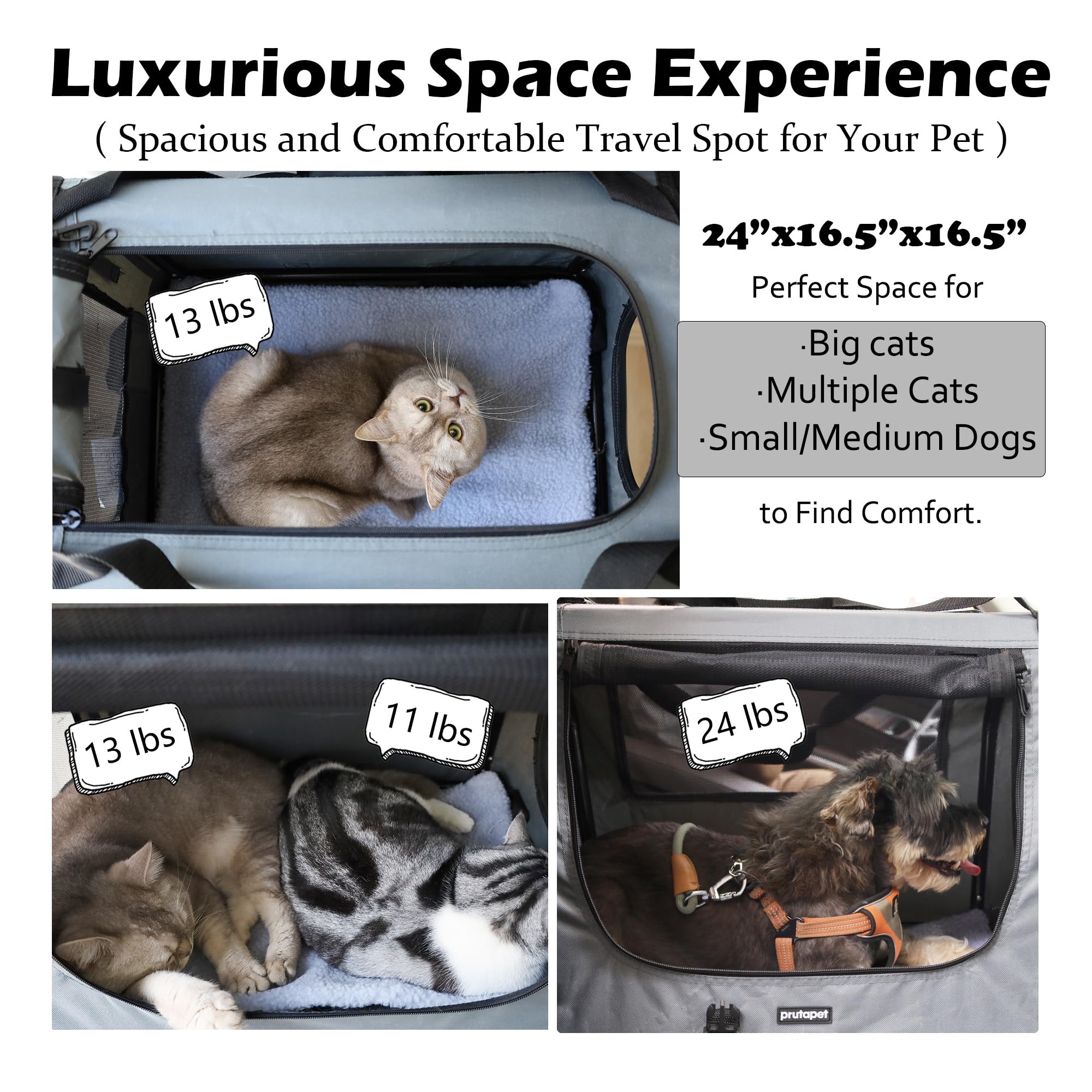 Prutapet Large Cat Carrier 24''X16.5''X16.5'' Portable Dog Crate For Small Medium Dogs Collapsible Traveling Pet Crate With Coll