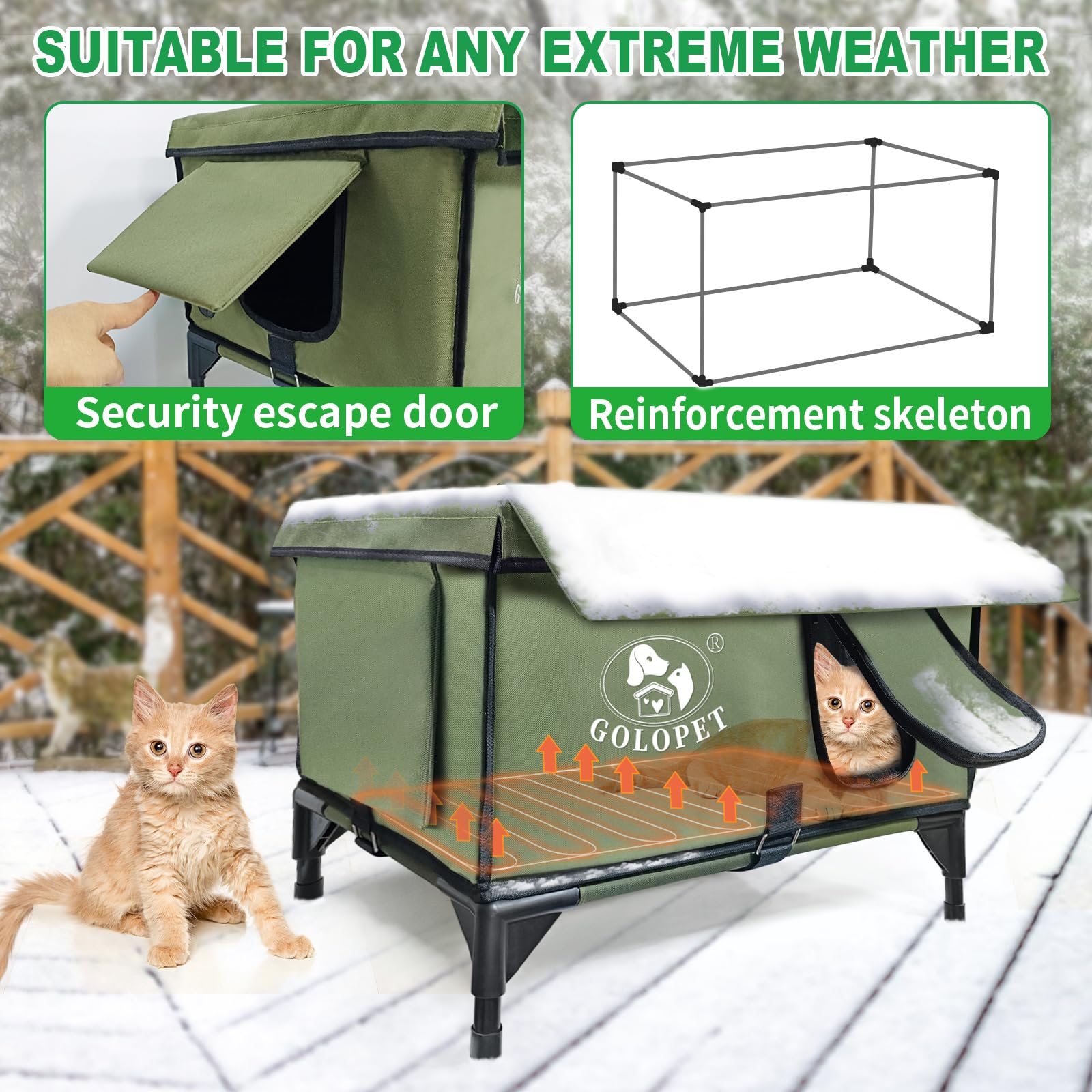Golopet Elevated Heated Cat House For Outside Winter, Addition Of Rain-Proof Eaves,Waterproof & Insulated Feral Cat Shelter With