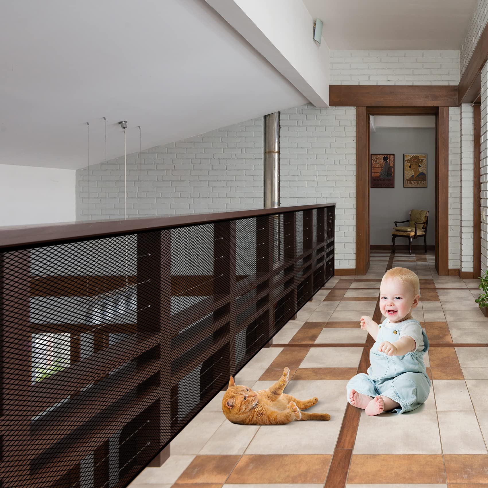 JIFTOK 2 Sets Baby Gate for Stairs, Banister Guard for Kids, Pets, Toys, 21.6 ft x 2.6 ft Mesh Netting Safety Net for Balcony Ra