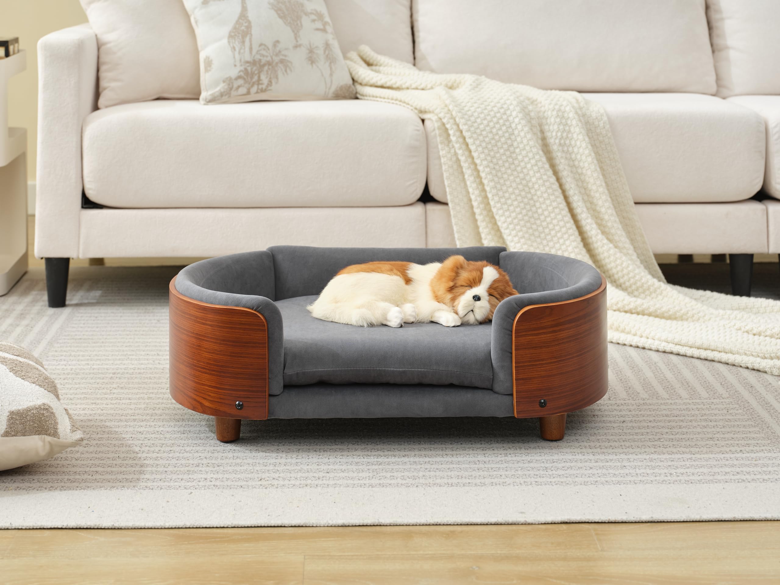 HomSof 30.7 Scandinavian Style Elevated Dog Bed Pet Sofa with Solid Wood Legs and Bent Wood Back,Velvet Cushion,Mid Size,Grey+Br
