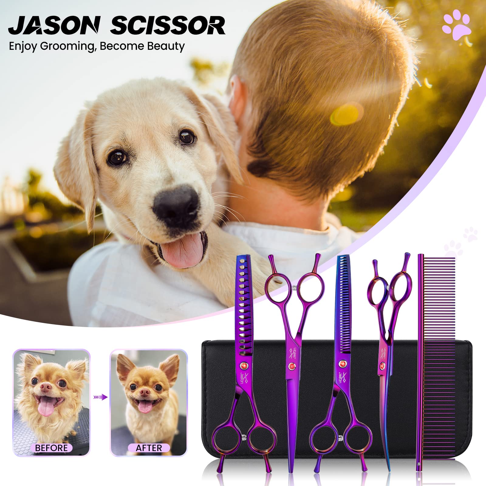JASON Dog Grooming Scissors Kit, Professional 6 in 1 Dog Scissors Sharp Shears Set - Straight, Thinning, Chunker, Curved Shears