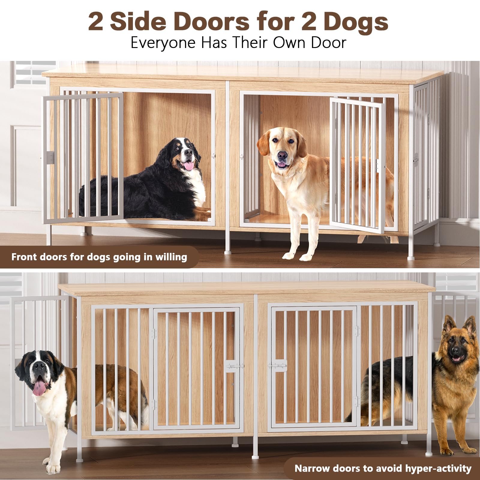 Easycom 78 Inch Dog Cage Furniture For 2 Pets With Divider, Xxl Wooden Double Dog Crate Furniture Tv Stand For Mideum And Large