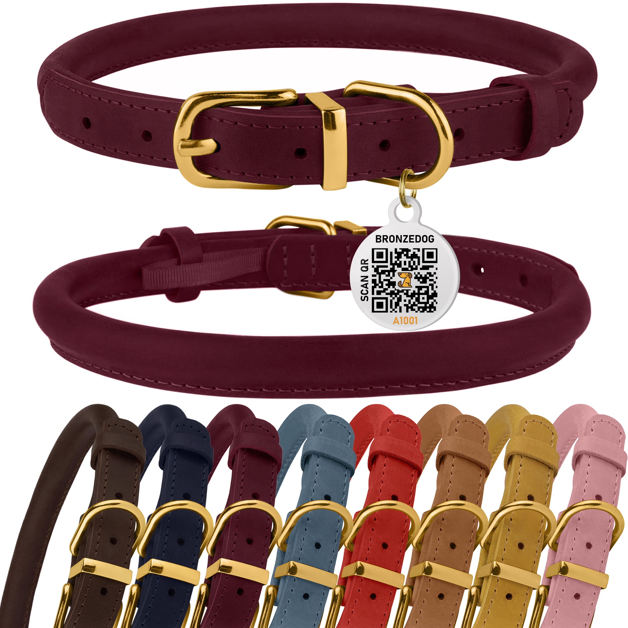 Bronzedog Rolled Leather Dog Collar With Qr Id Tag Adjustable Soft Round Collars For Small Medium Large Dogs Puppy Cat (16' - 18' Neck Size, Burgundy)