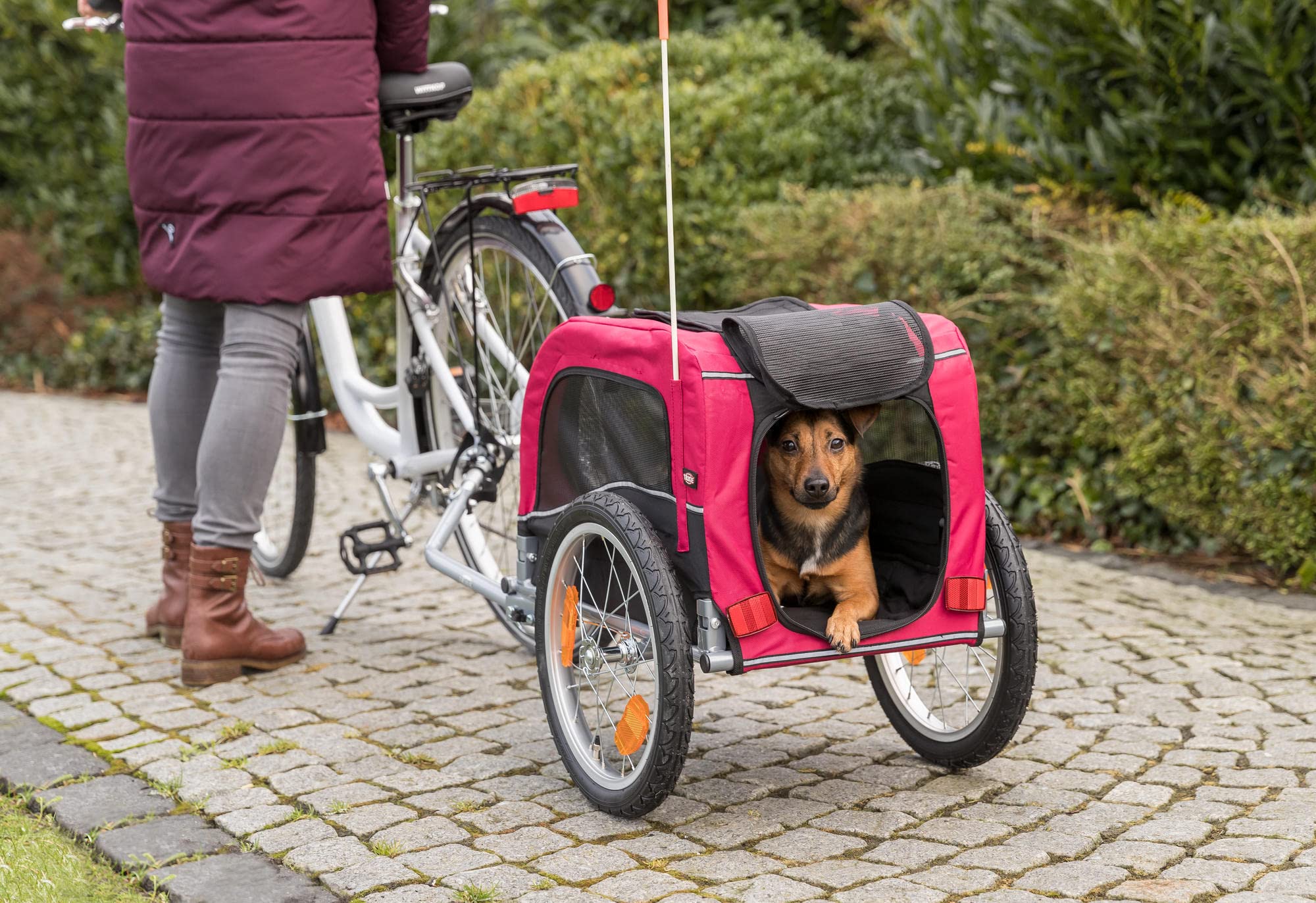 Trixie Dog Trailer For Bicycles, Dog Bike Trailer For Small Dogs Up To 33 Lbs, Quick Set-Up And Fold Down, Red