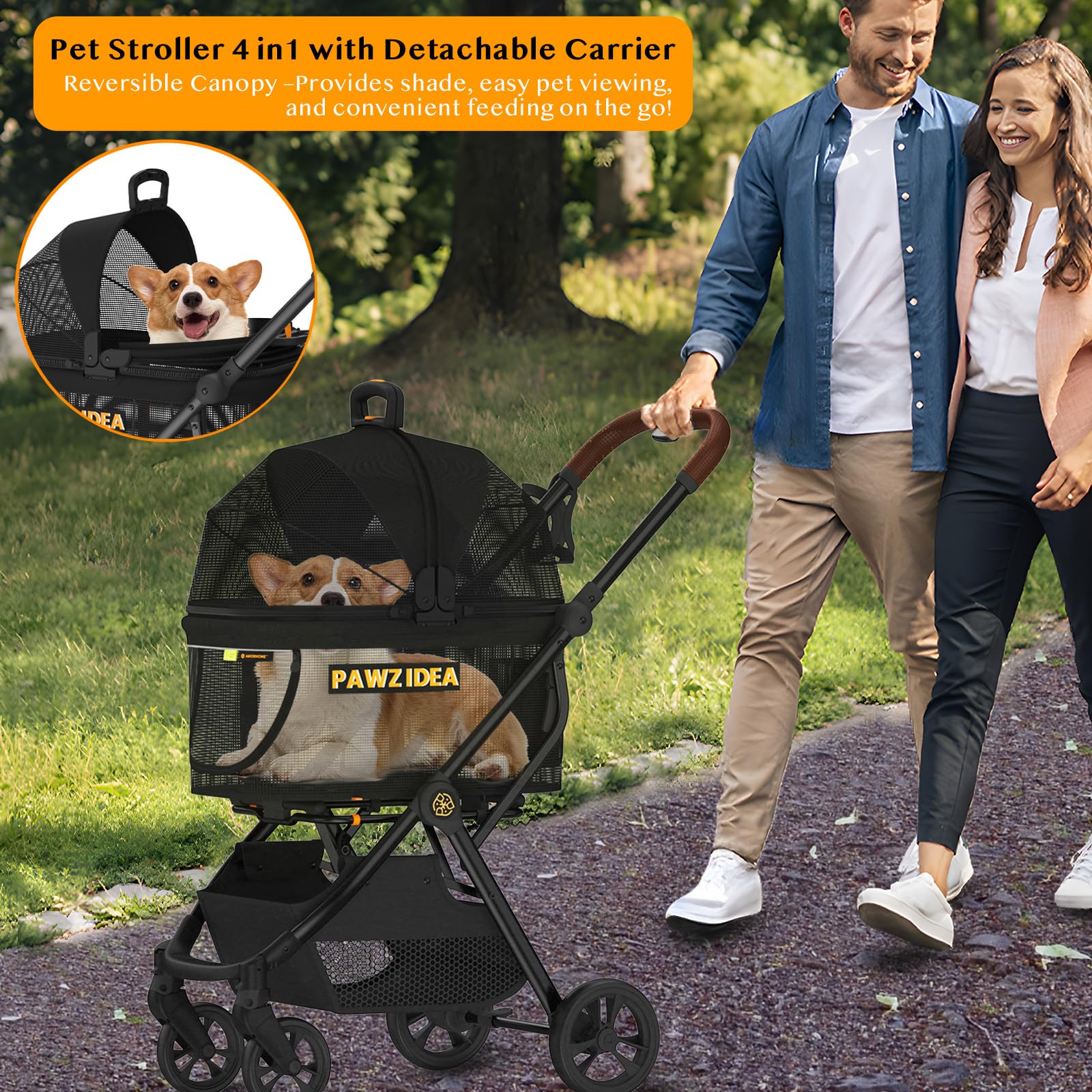 Pawzidea Dog Stroller 4 In 1, Pet Stroller For Cats With Detachable Carrier For Small/Medium Dogs/Cats, Seatbelt Car Seat Combo,