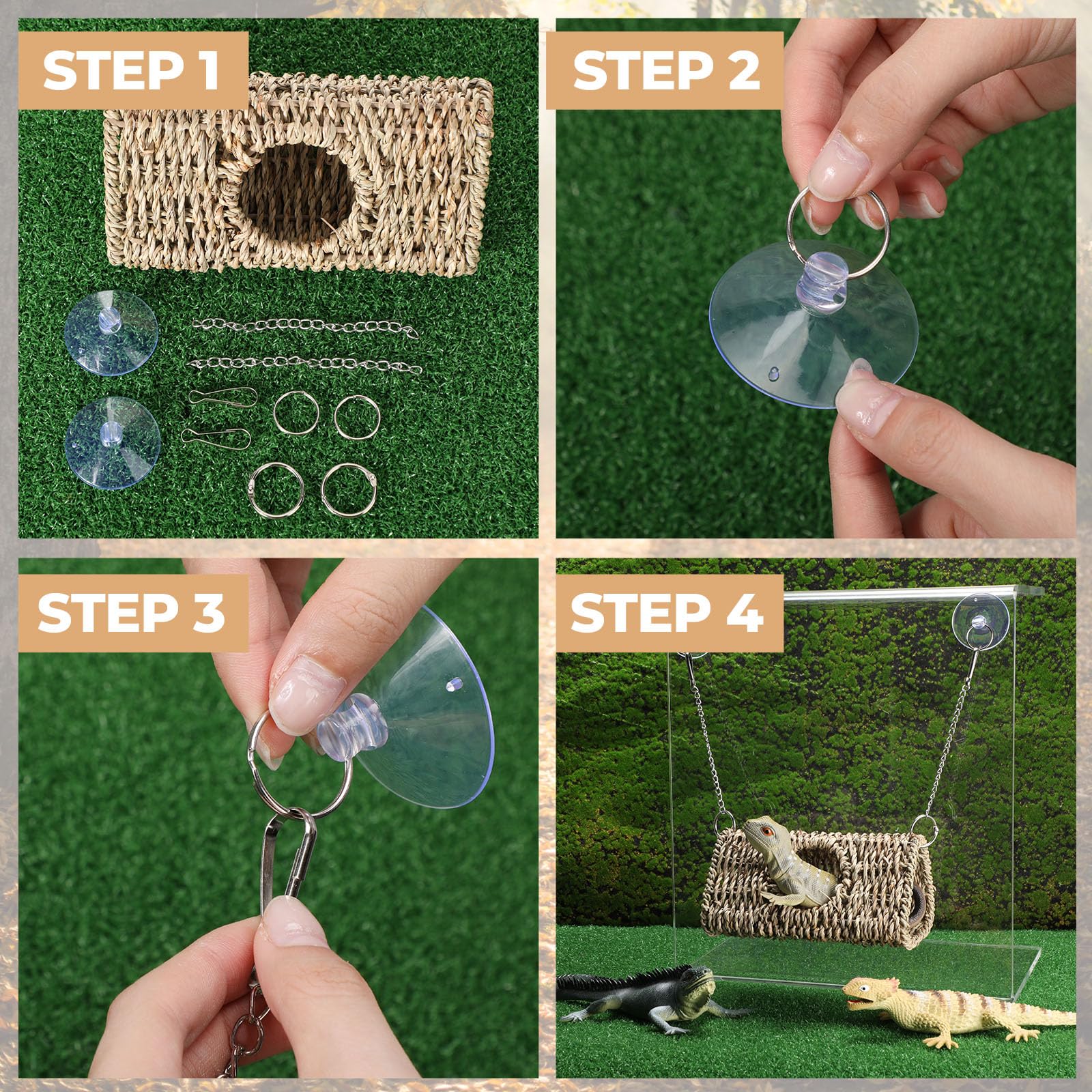 CroBlissful Reptile Hide Cave Hollow Cave Hideout with 2 Pcs Suction Cup and Chains Gecko Hide Reptile Tank Decor Seagrass Fiber