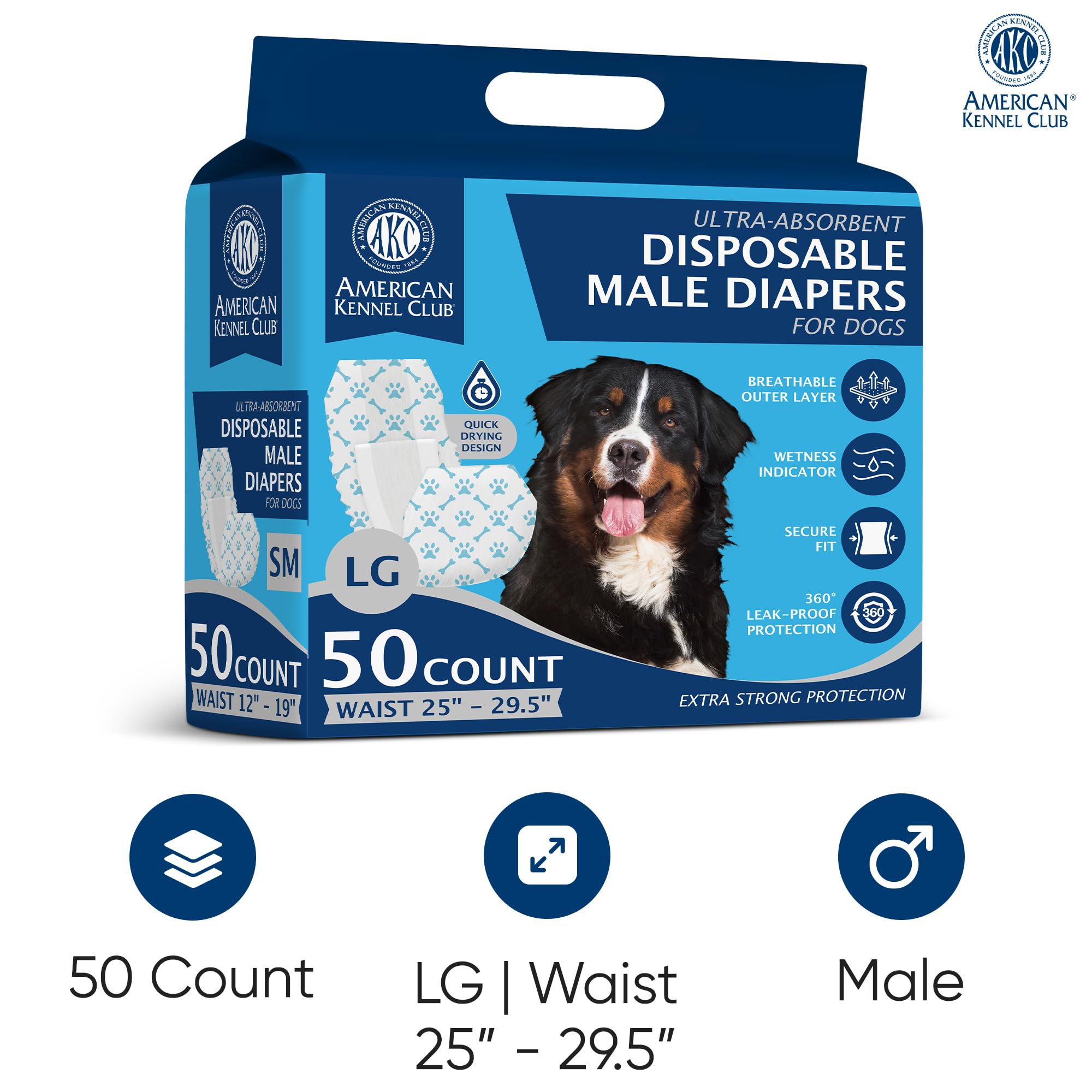 American Kennel Club Male Dog Wrap, Disposable Diapers With Wetness Indicator, Large, 50 Count