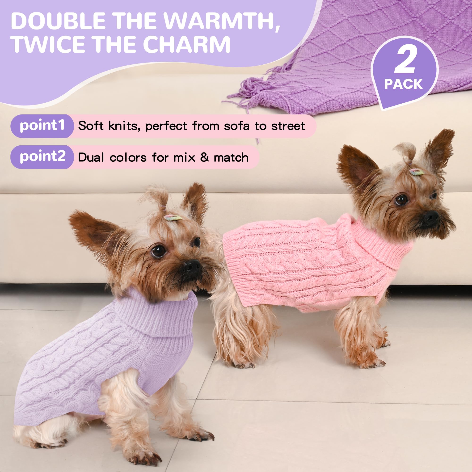 Lorehelina 2 Pack Dog Sweaters for Small Dogs Winter Turtleneck Pullover Cable Knit Fleece Stretch Puppy Doggie Chihuahua Toy Po