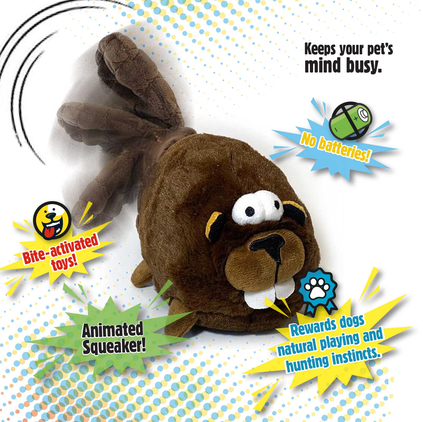 Godog Action Plush Beaver Animated Squeaky Dog Toy, Chew Guard Technology - Brown, One Size