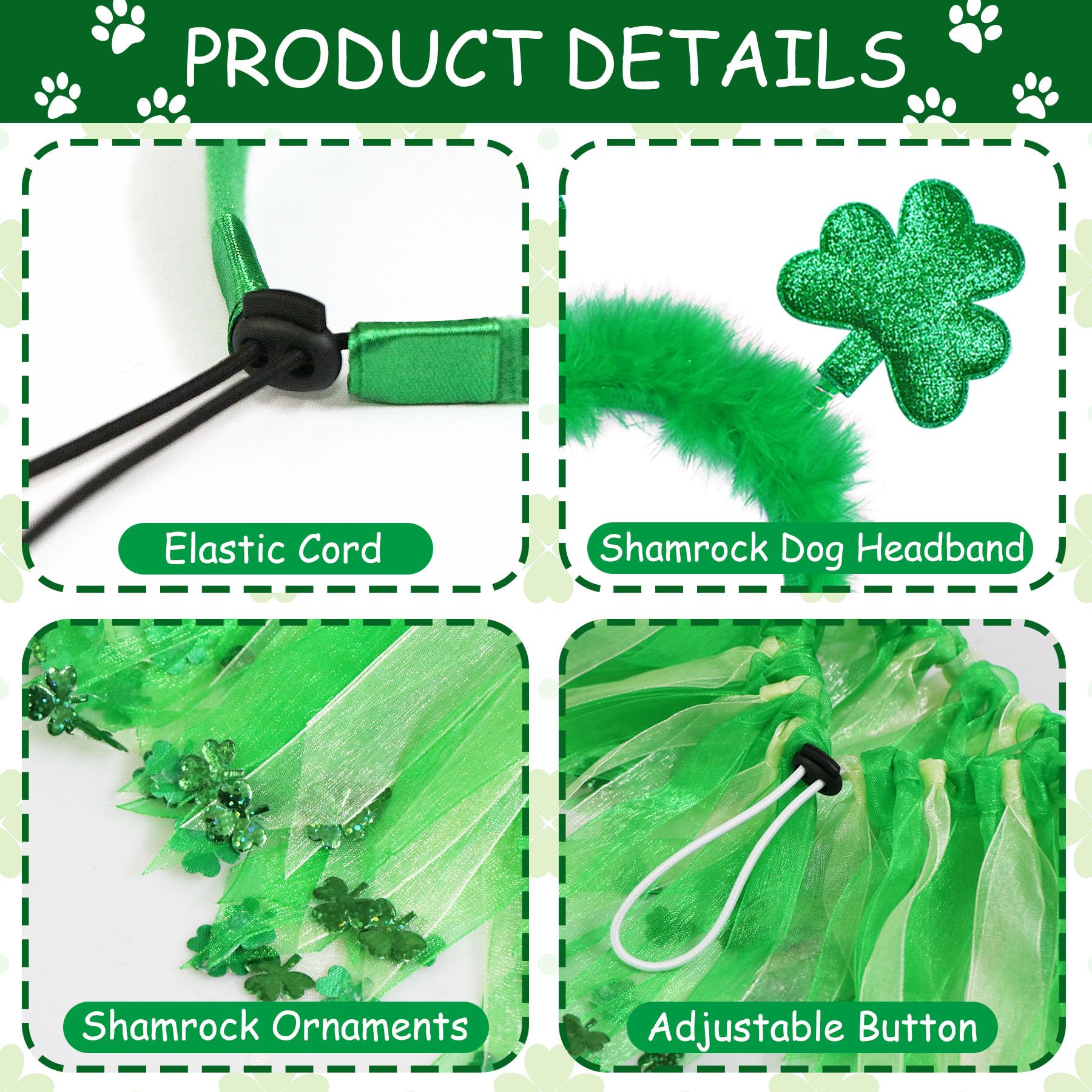 GOYOSWA Dog St. Patrick's Day Outfit, St Patricks Day Dog Costume Clothes Green Glitter Shamrock Dog Headband Dog Collar with Sh
